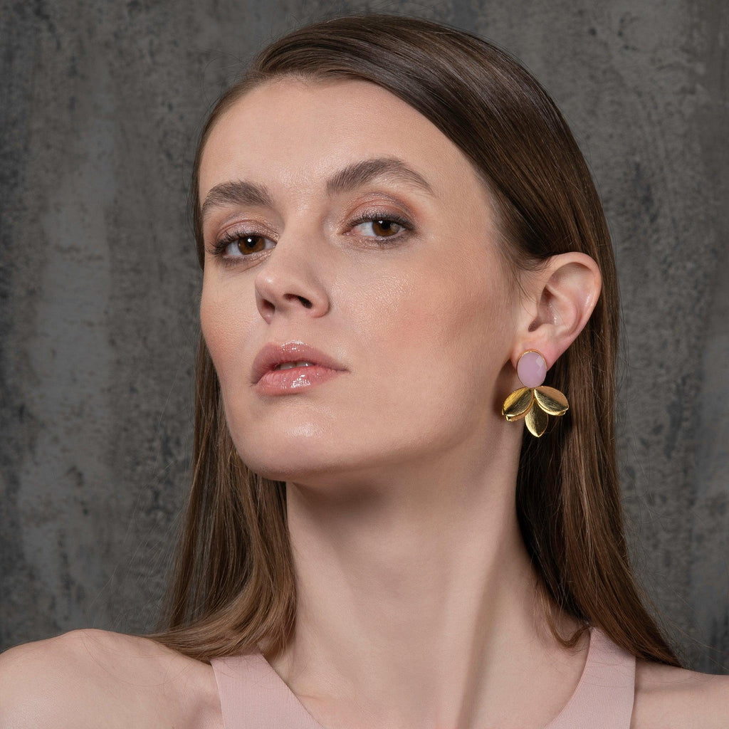 Large Gold Statement Earrings with Rose Chalcedony - namana.london