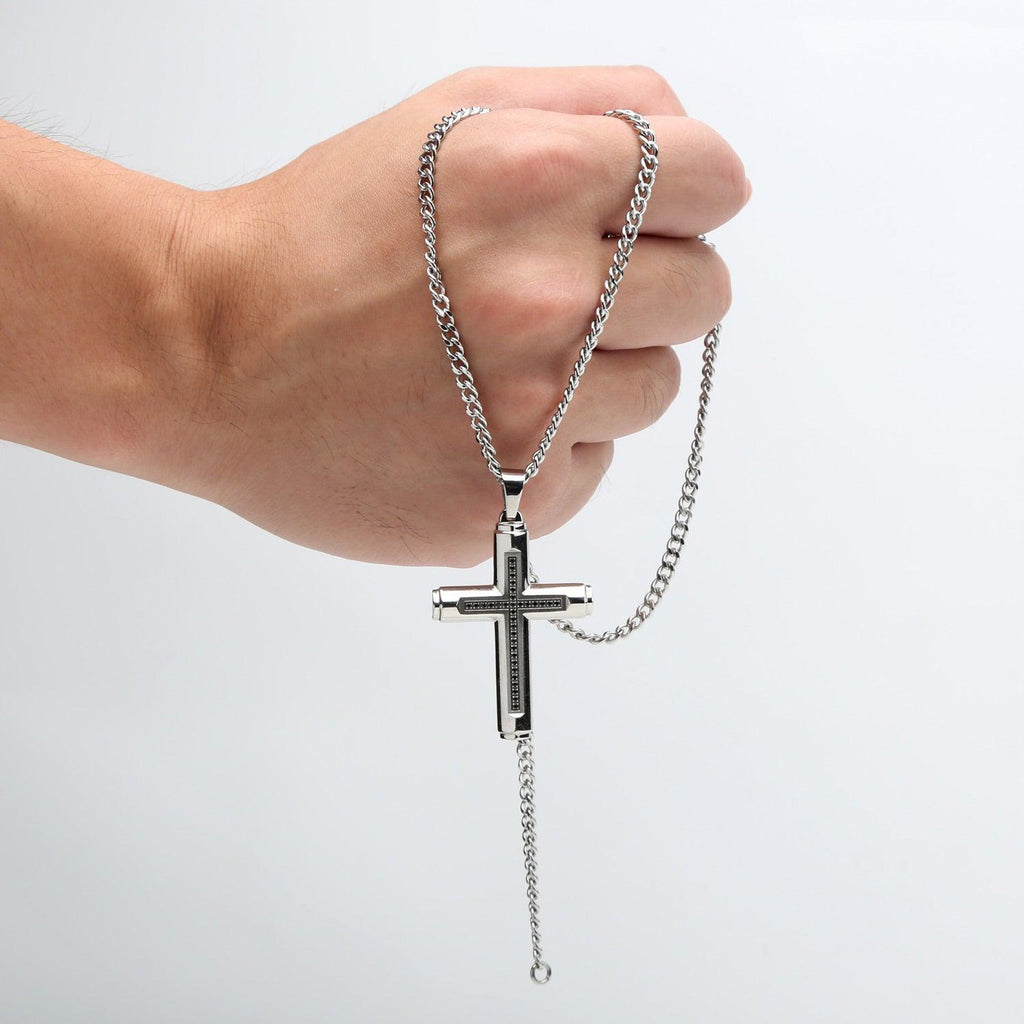 Large Cross Pendant Necklace for Men with Black Stones