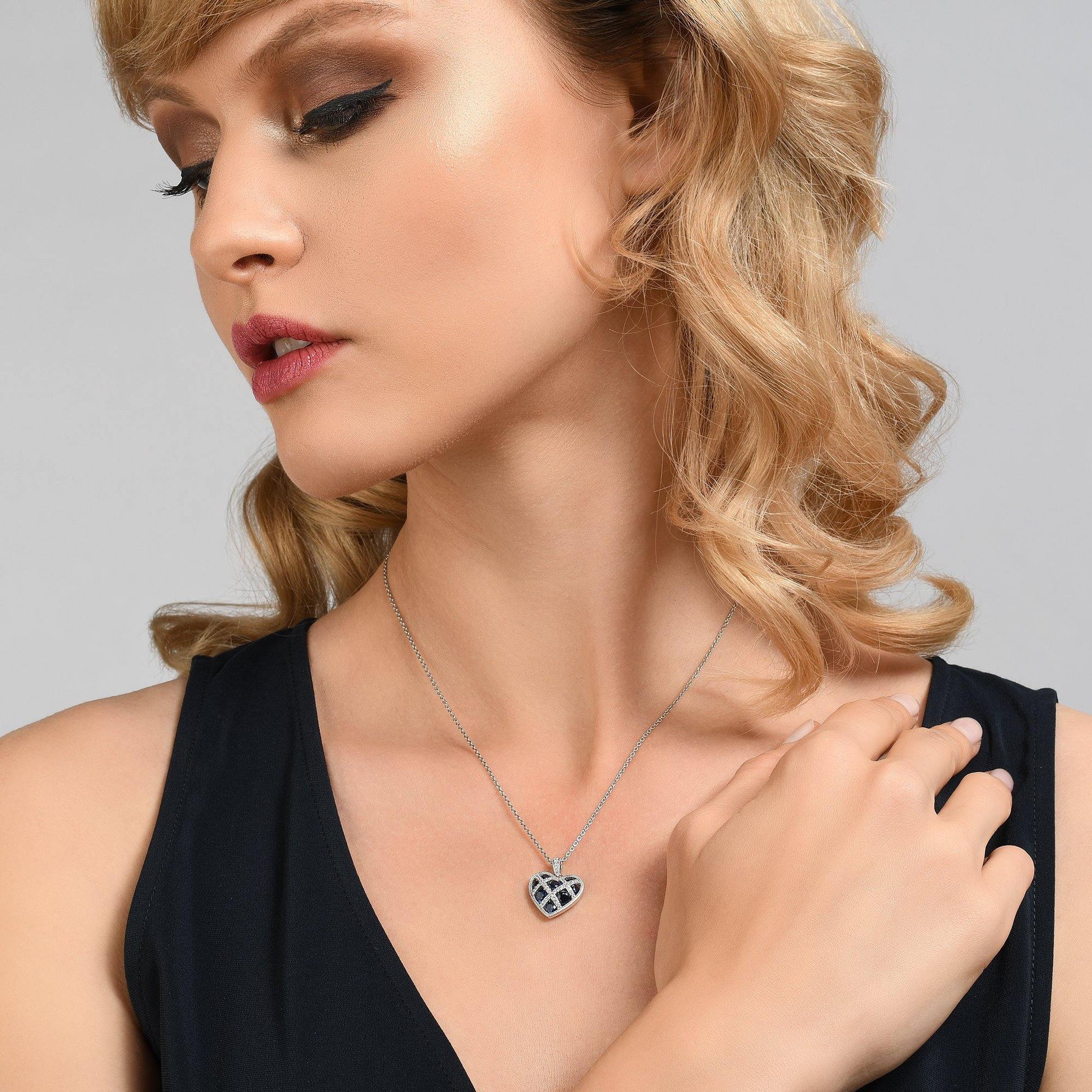 Sterling Silver Lattice Heart Necklace for Women with Blue Stones - namana.london
