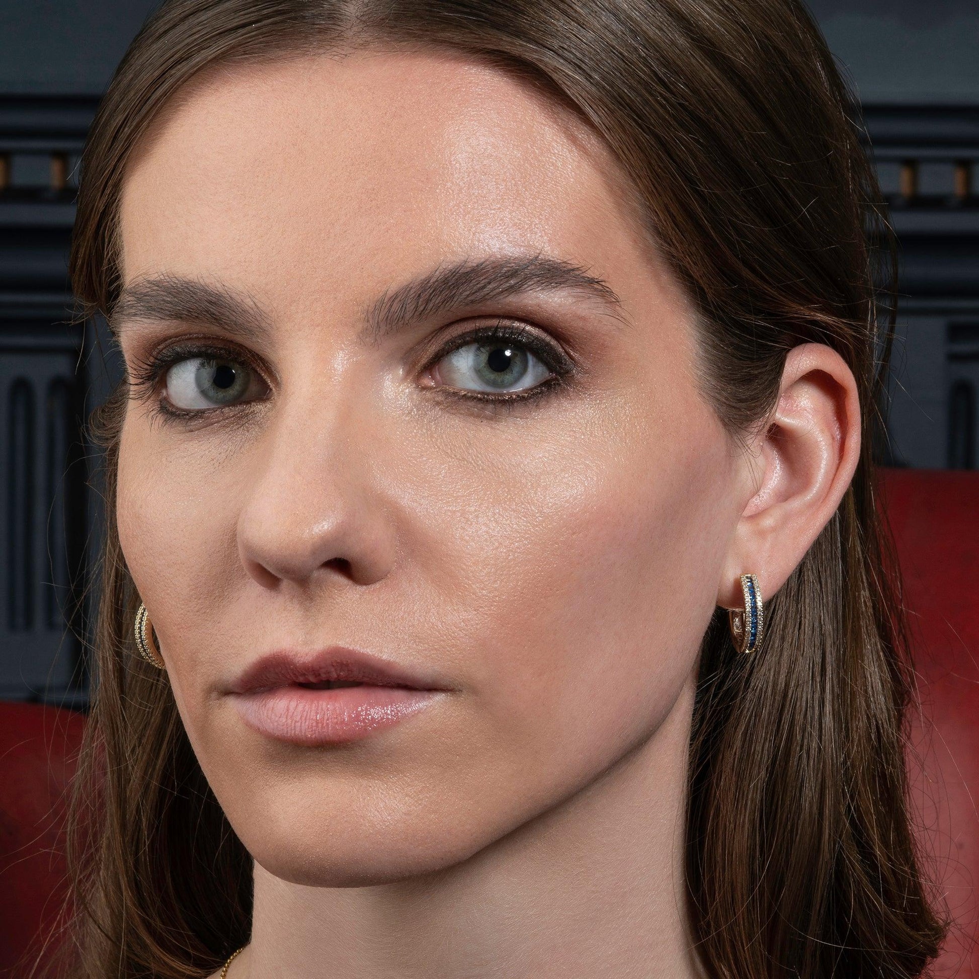 Gold Hoop Earrings with Blue Cubic Zirconia Stones - namana.london