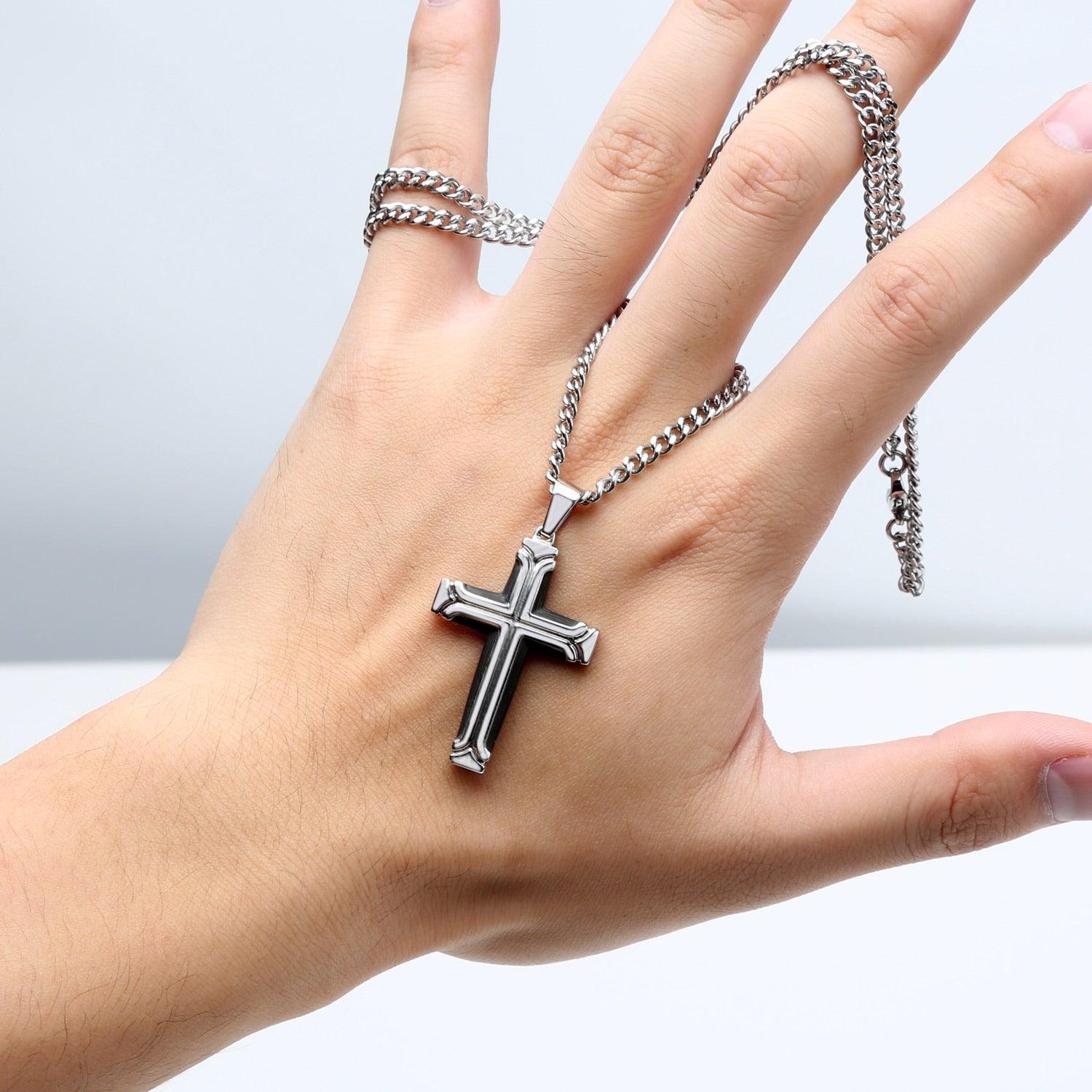 Large Black and Steel Cross Pendant Necklace for Men - namana.london