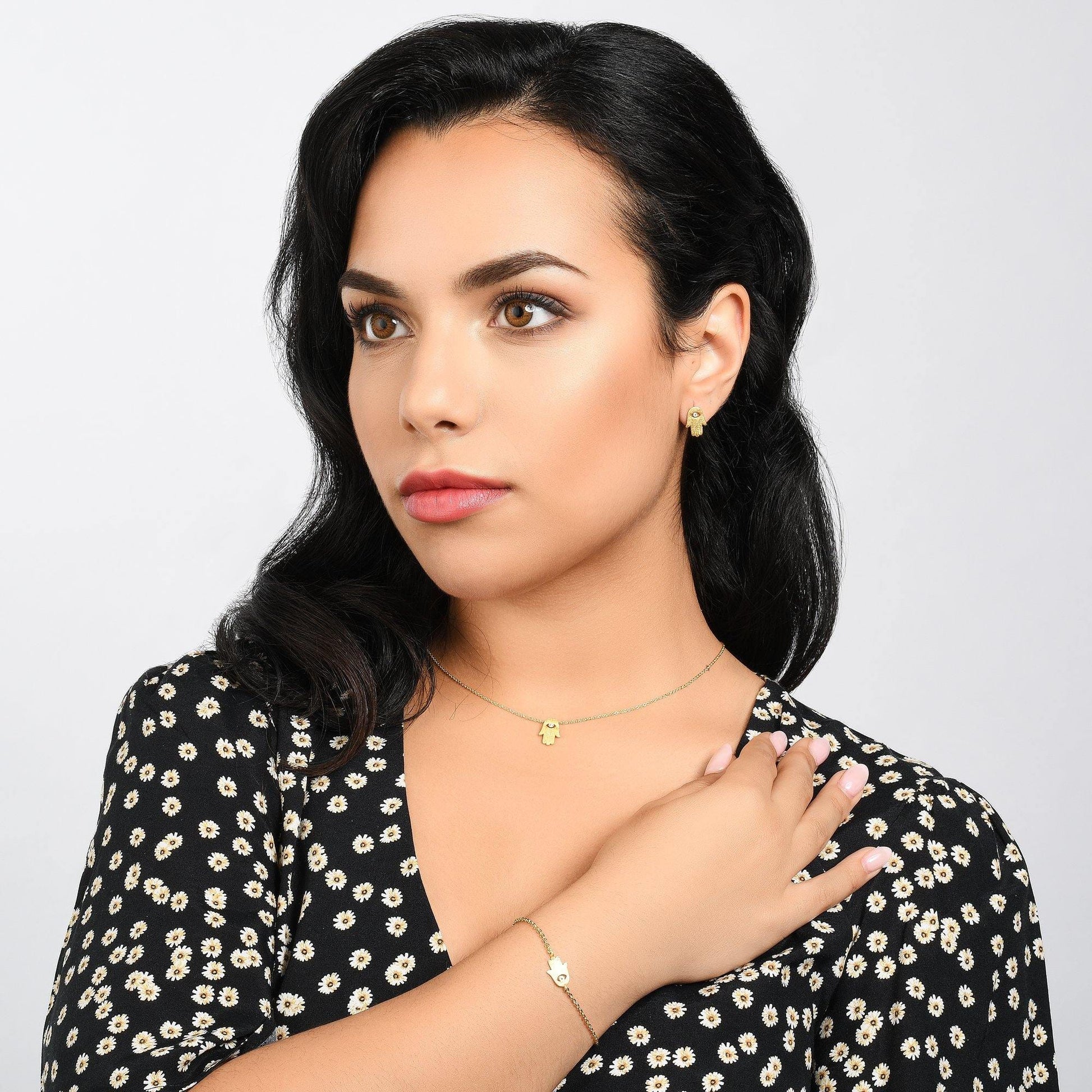 Gold Hamsa Pendant Necklace. Brushed Finish Lucky Charm Necklace. - namana.london