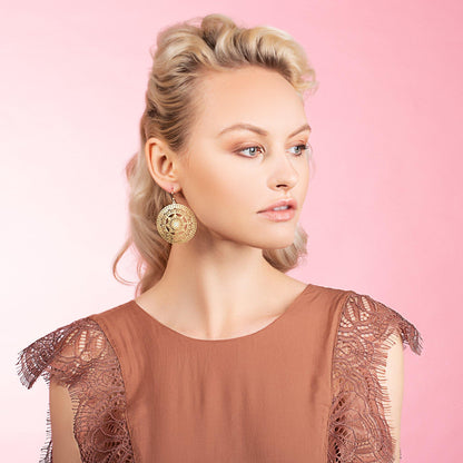 Large Gold Mandala Earrings with Mother of Pearl - namana.london