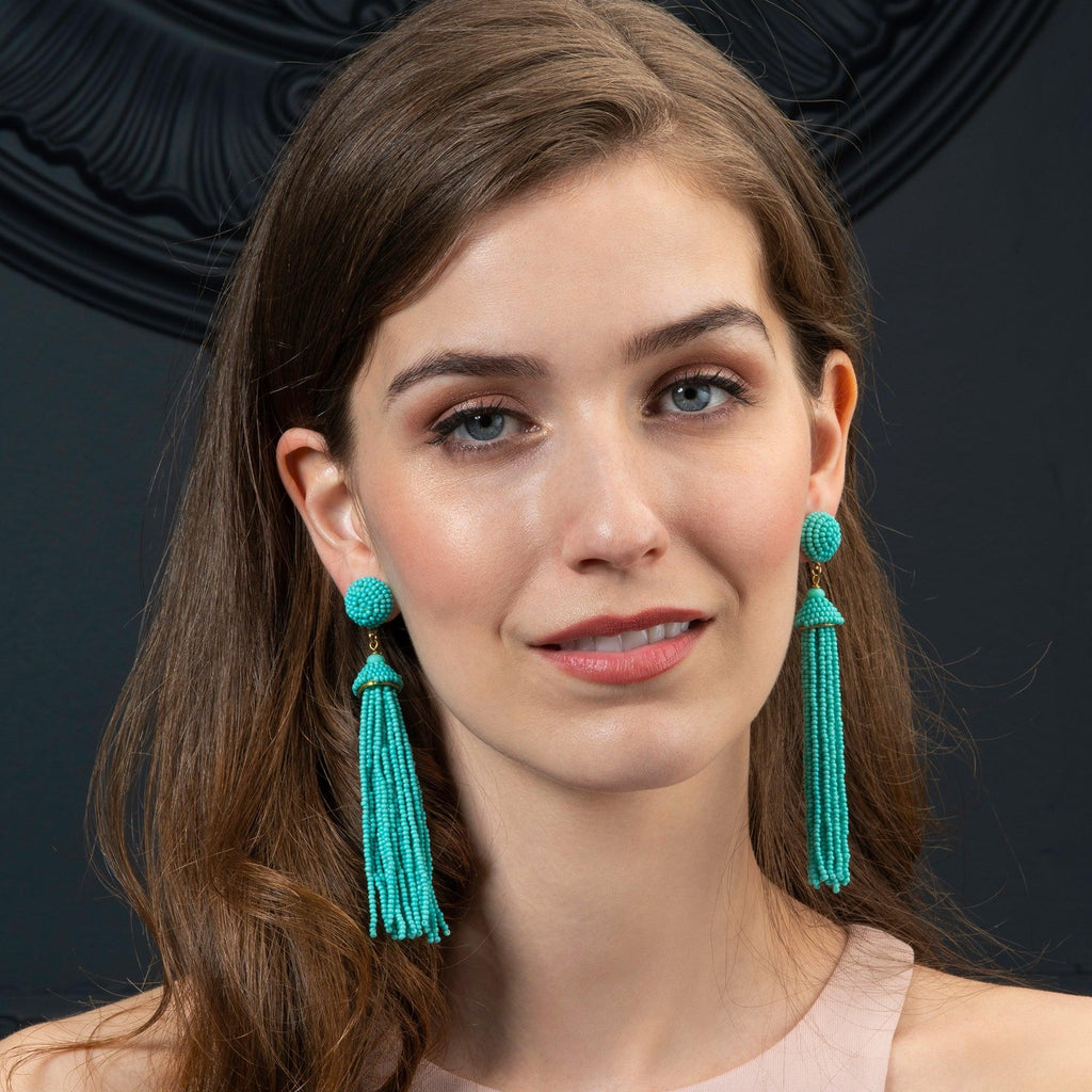 Long Turquoise Blue Beaded Tassel Earrings for Women - namana.london