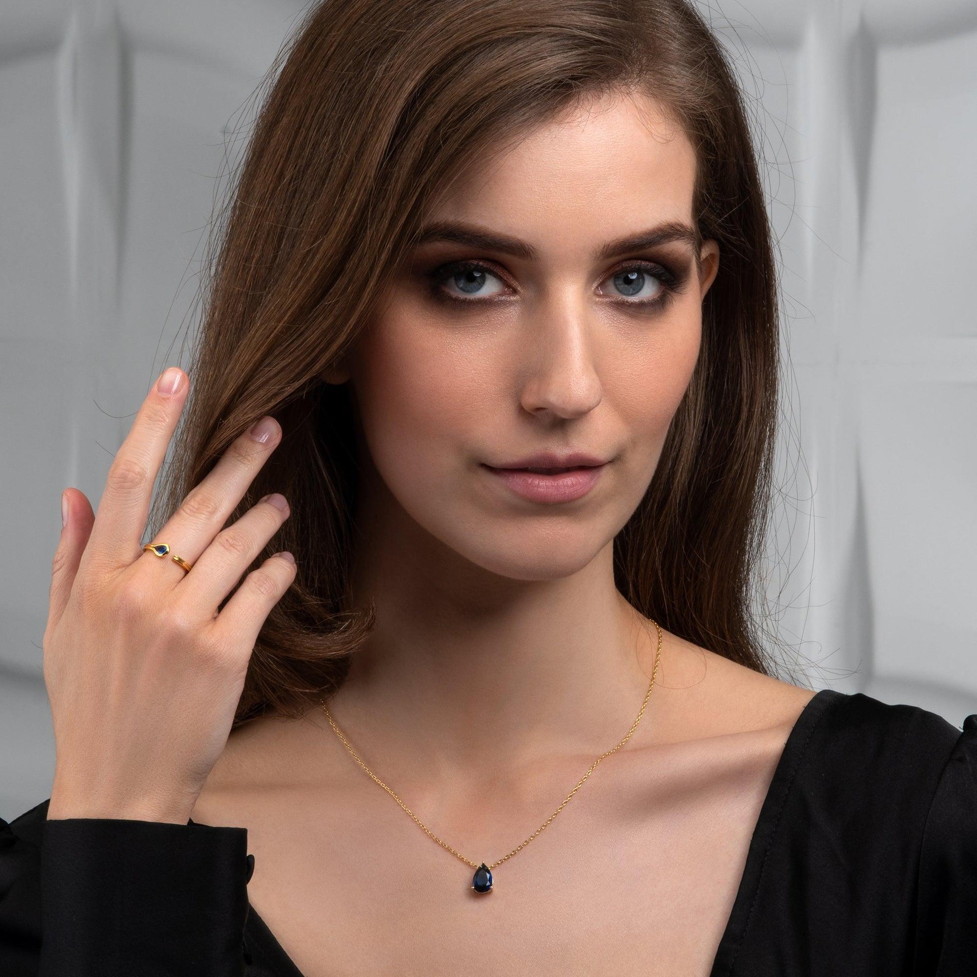 Gold Plated Blue Pear Pendant Necklace for Women. - namana.london