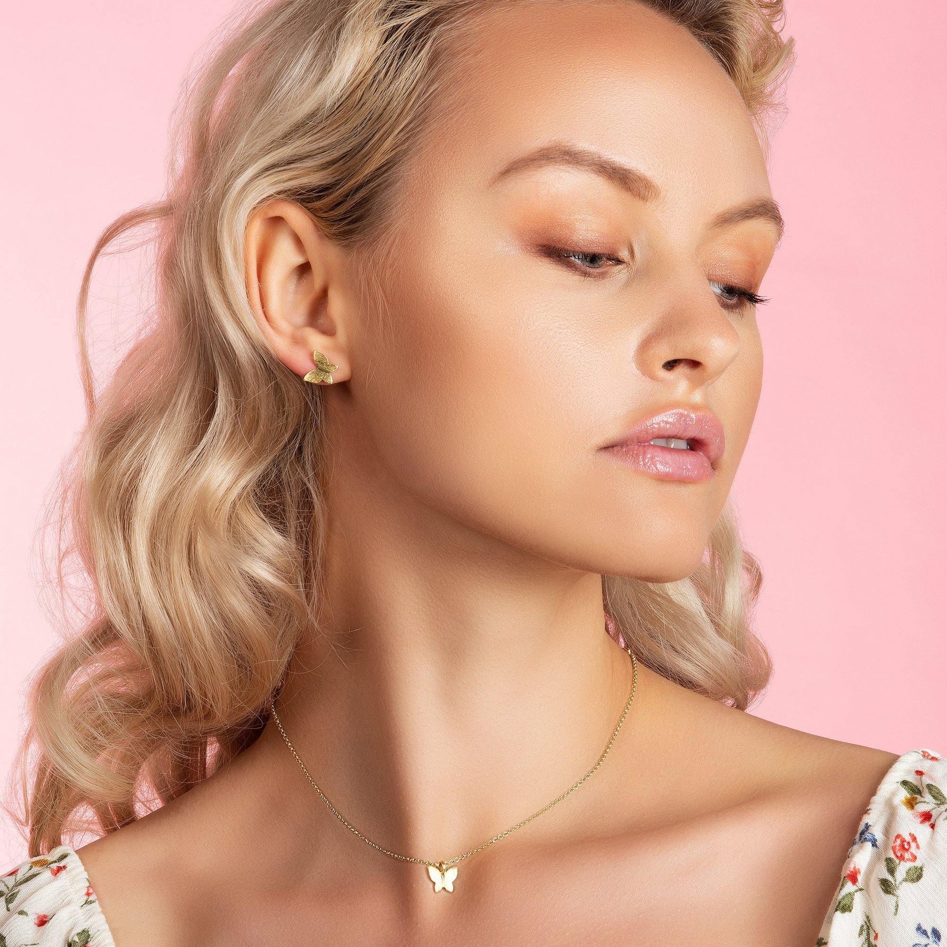 Gold Butterfly Pendant Necklace with Brushed Finish - namana.london