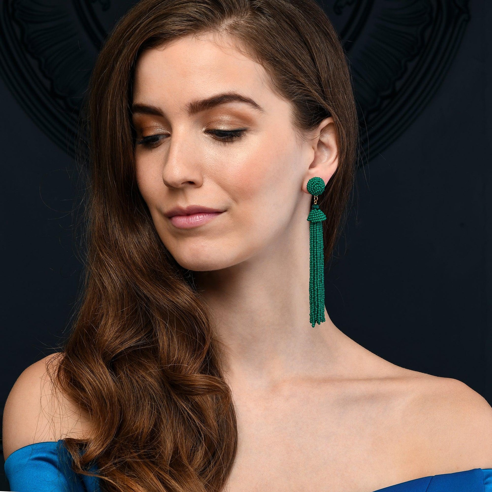 Long Beaded Green Tassel Earrings for Women - namana.london