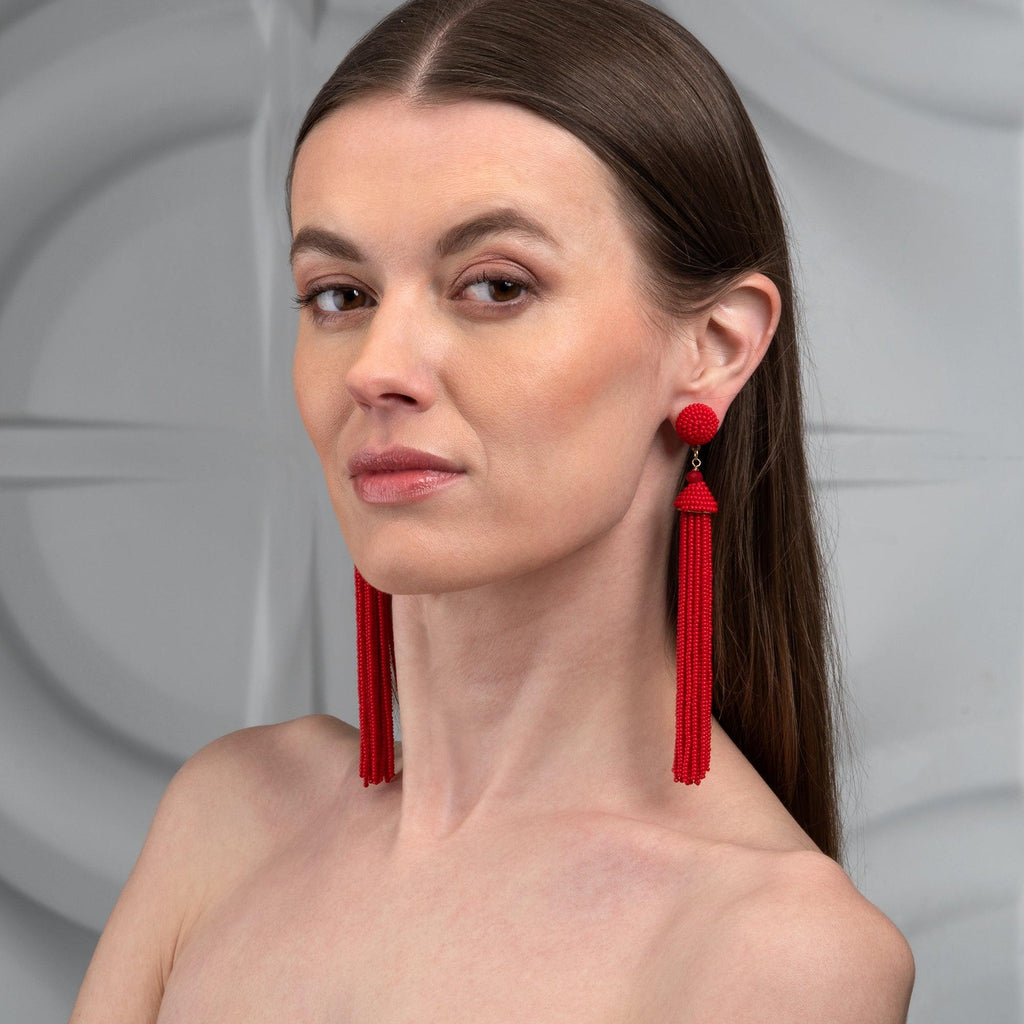 Long Beaded Red Tassel Earrings for Women