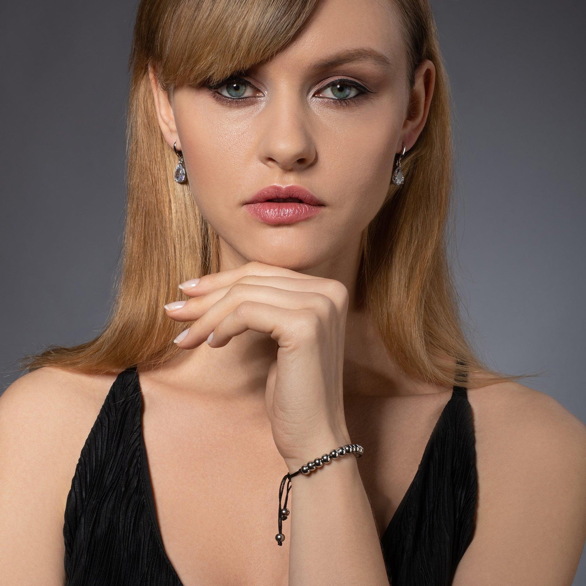 Stainless Steel Bracelet for Women with Metal Beads on Adjustable Black Cord - namana.london