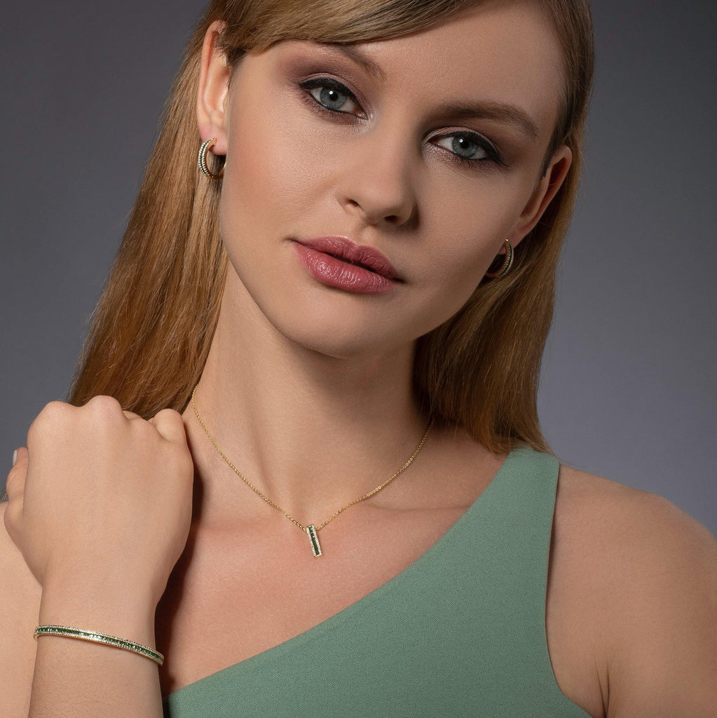 Gold Bar Pendant Necklace with Green Cubic Zirconia Stones - namana.london