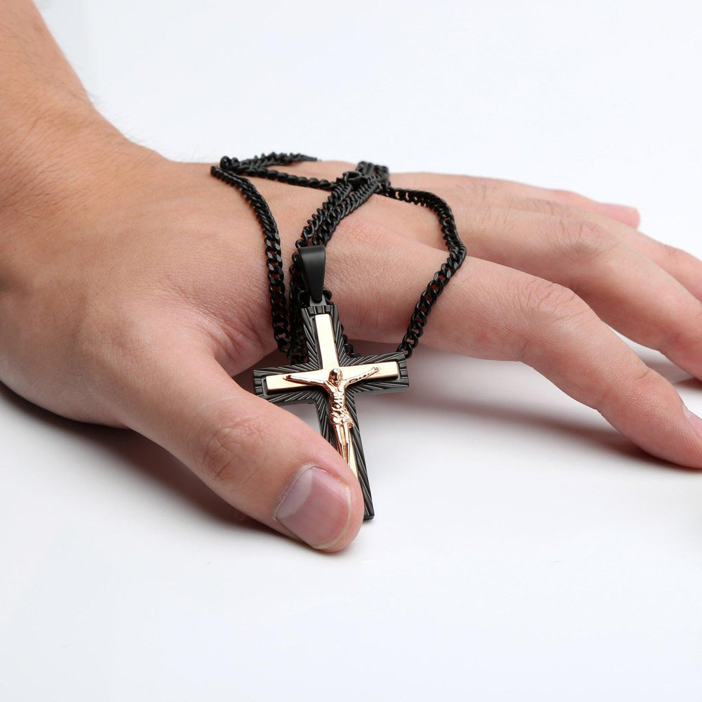 Large Rose Gold and Black Cross Pendant Necklace for Men