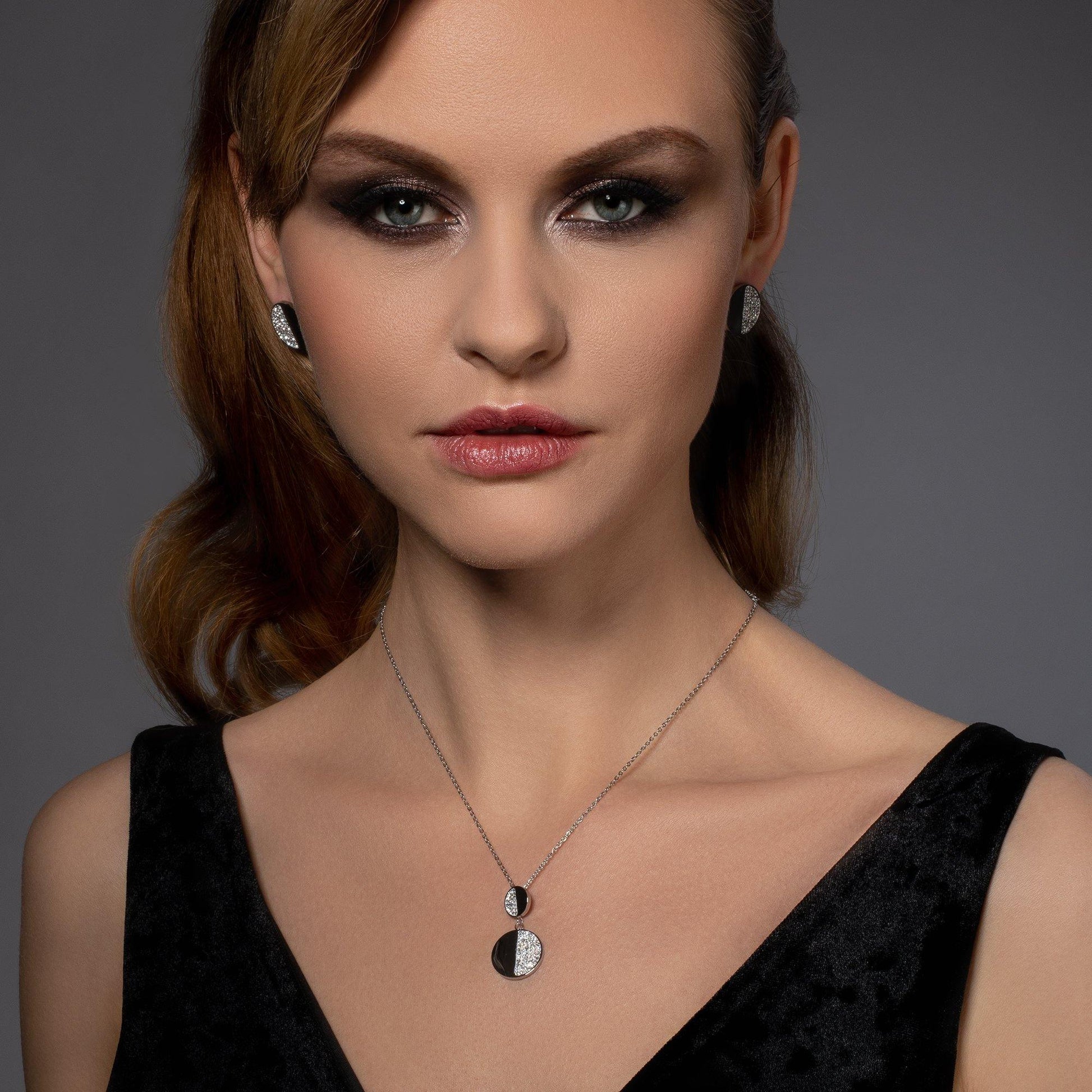 Double Disc Pendant Necklace with Swarovski Crystals - namana.london