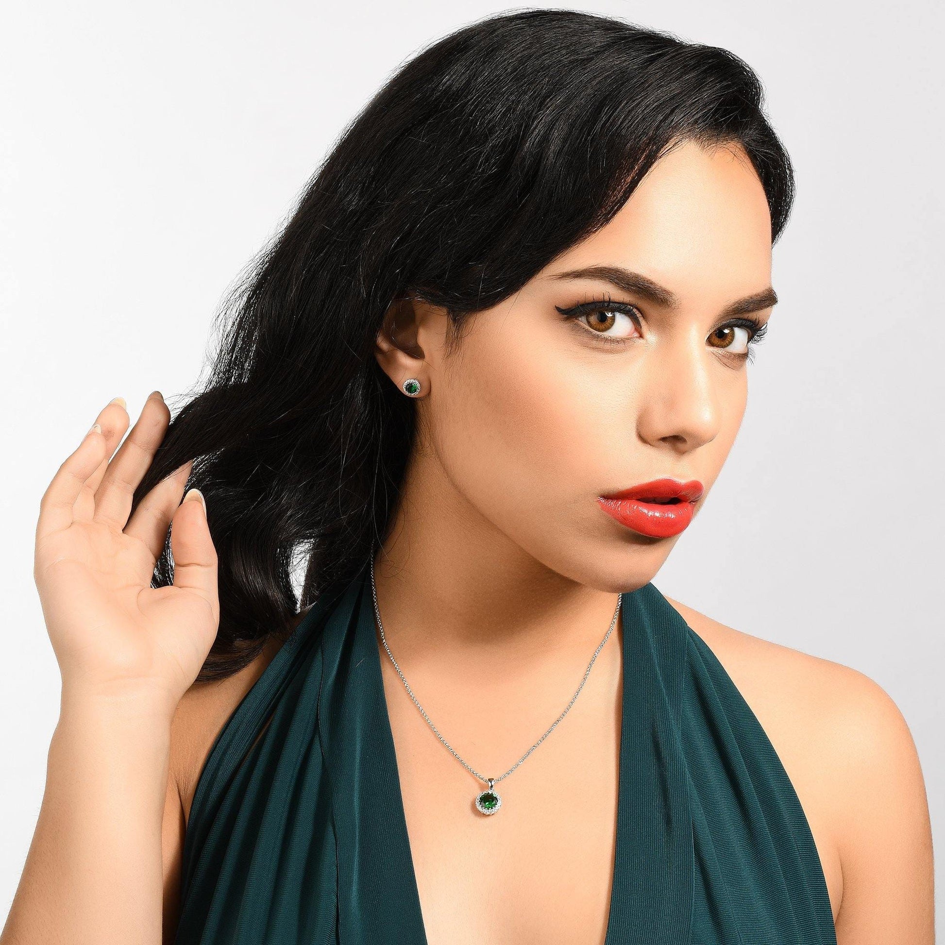 Halo Stud Earrings with Green Cubic Zirconia Stones - namana.london
