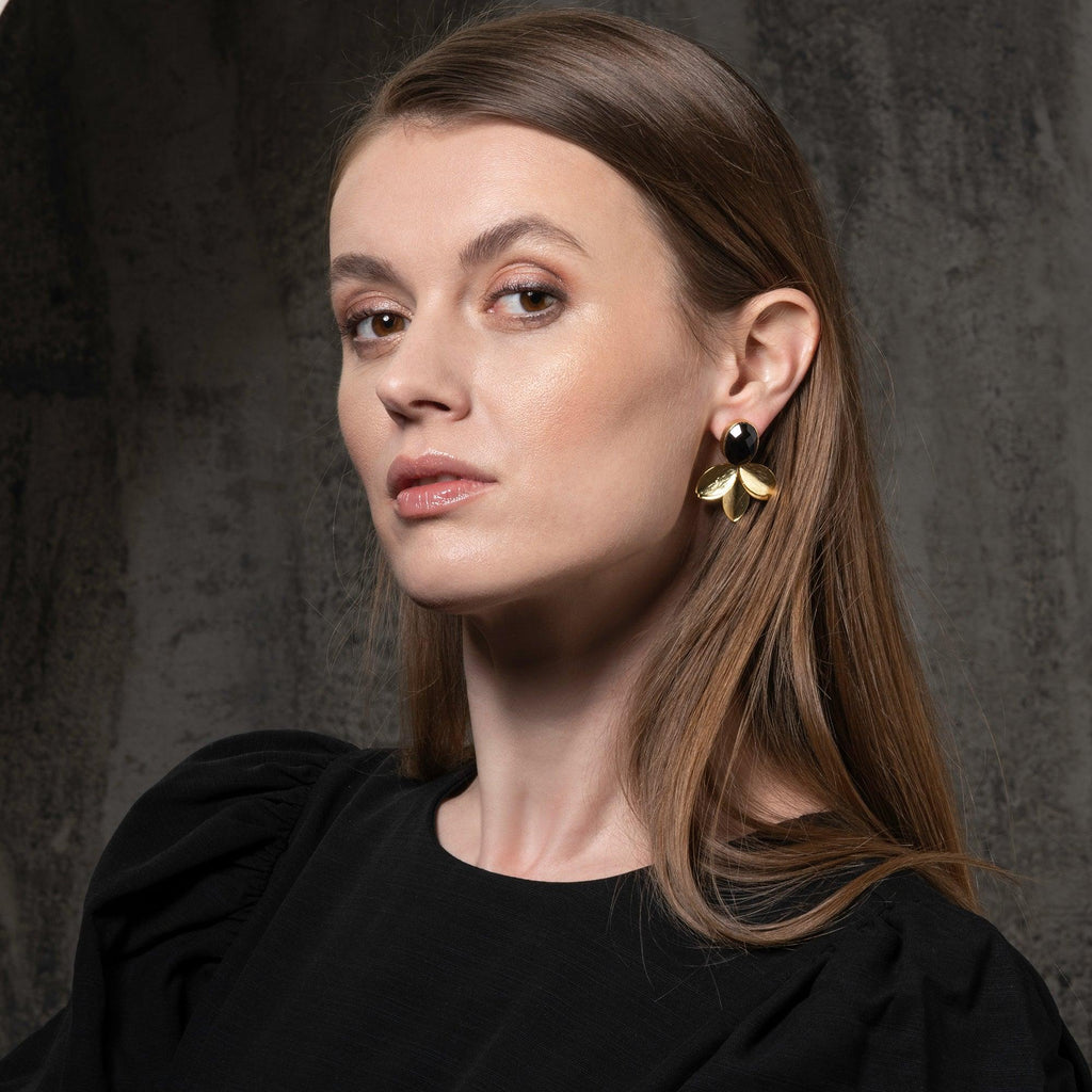 Large Gold Statement Earrings with Black Onyx - namana.london
