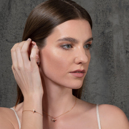 Rose Gold Bumble Bee Stud Earrings with Cubic Zirconia and Black Enamel - namana.london