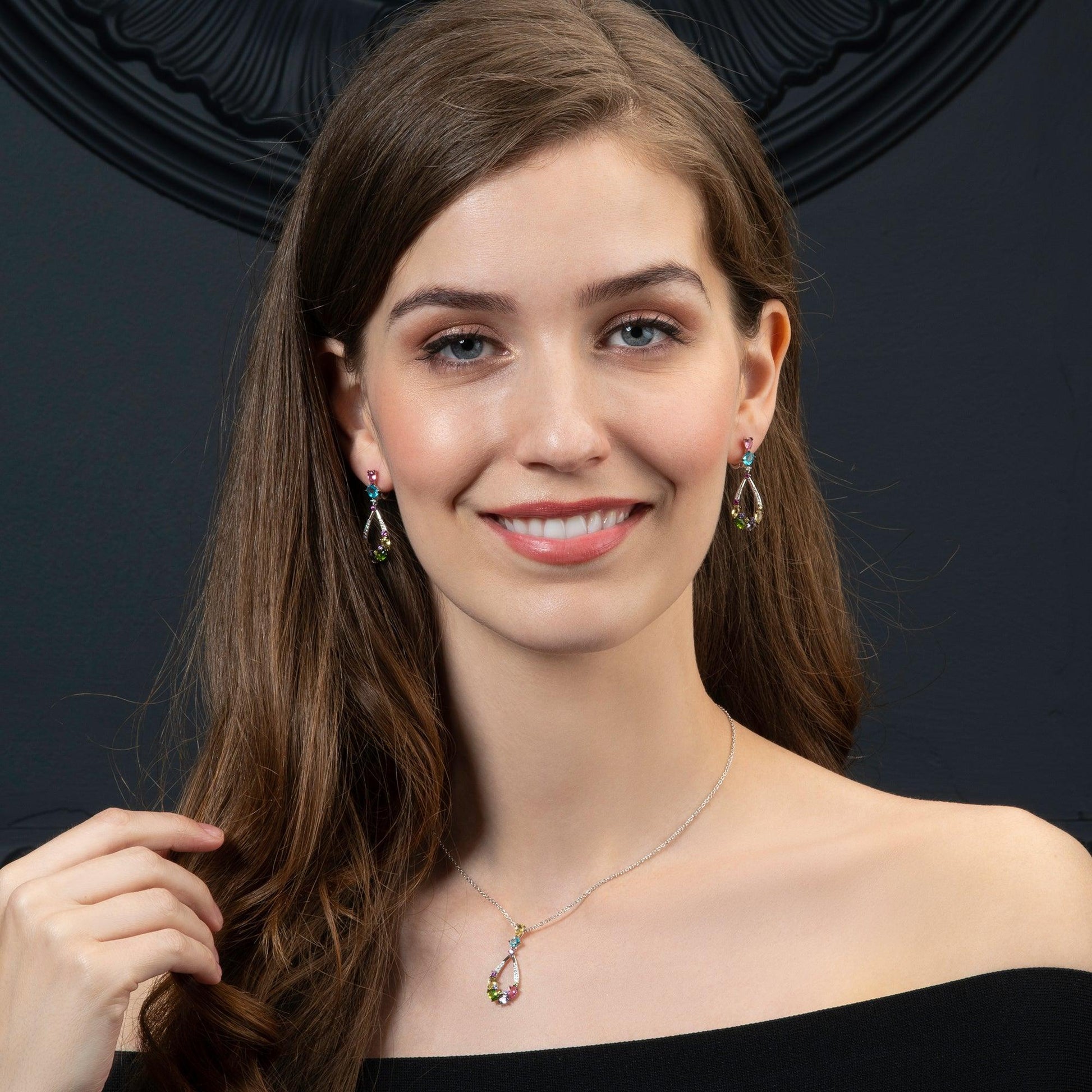 Sterling Silver Colourful Drop Earrings for Women with Multicoloured Stones and Cubic Zirconia Gemstones - namana.london