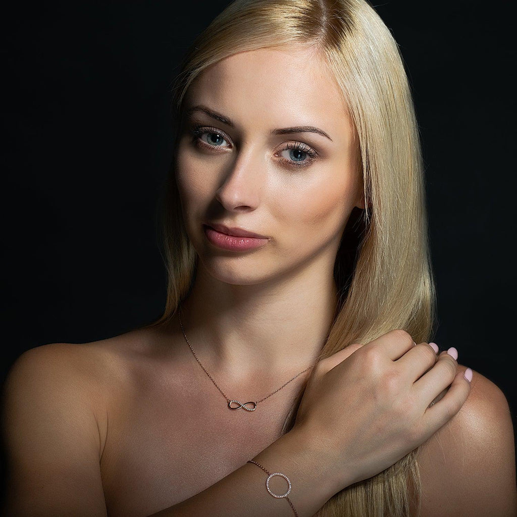 Rose Gold Plated Sterling Silver Infinity Necklace with Cubic Zirconia - namana.london