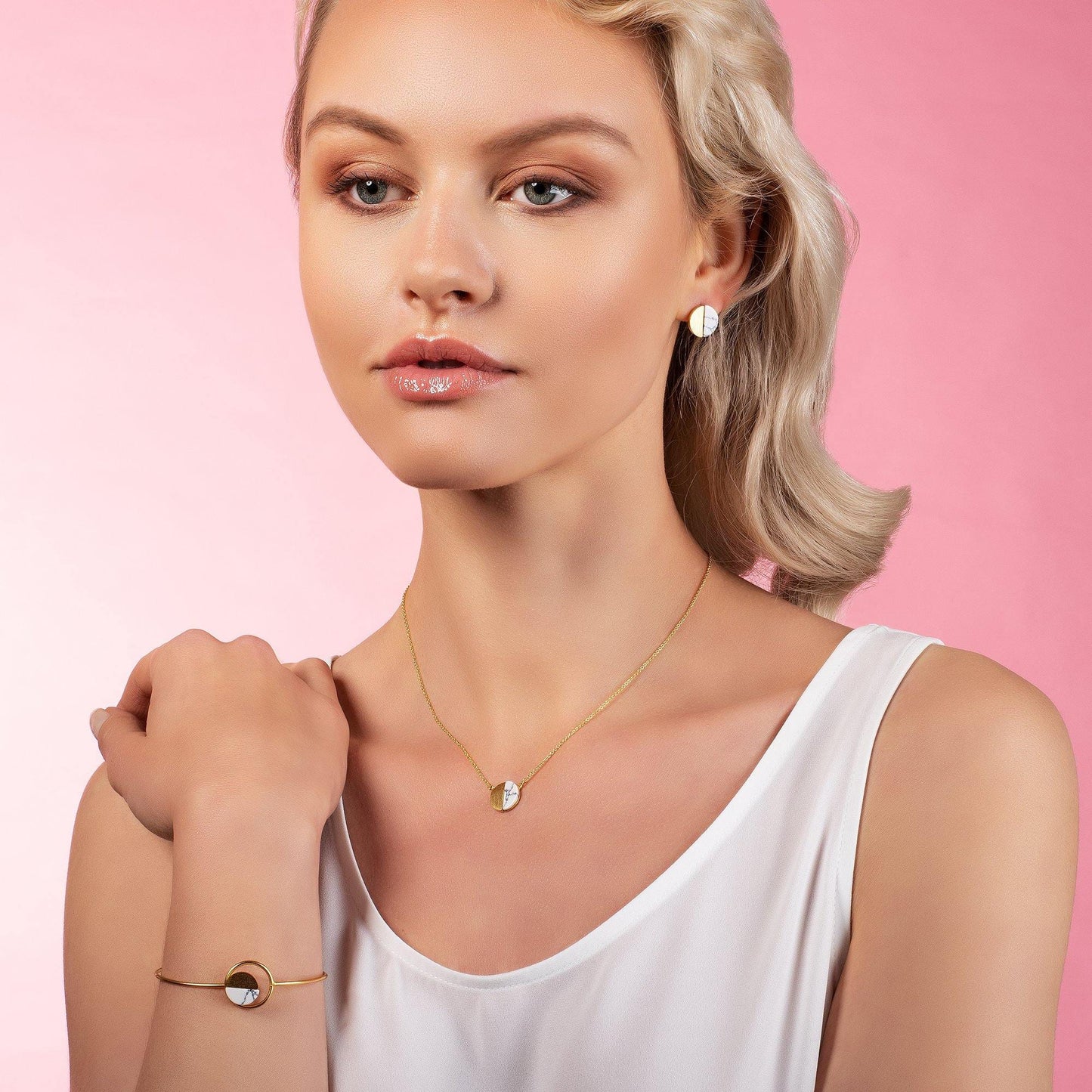 Gold Disc Pendant Necklace with a Created White Agate - namana.london