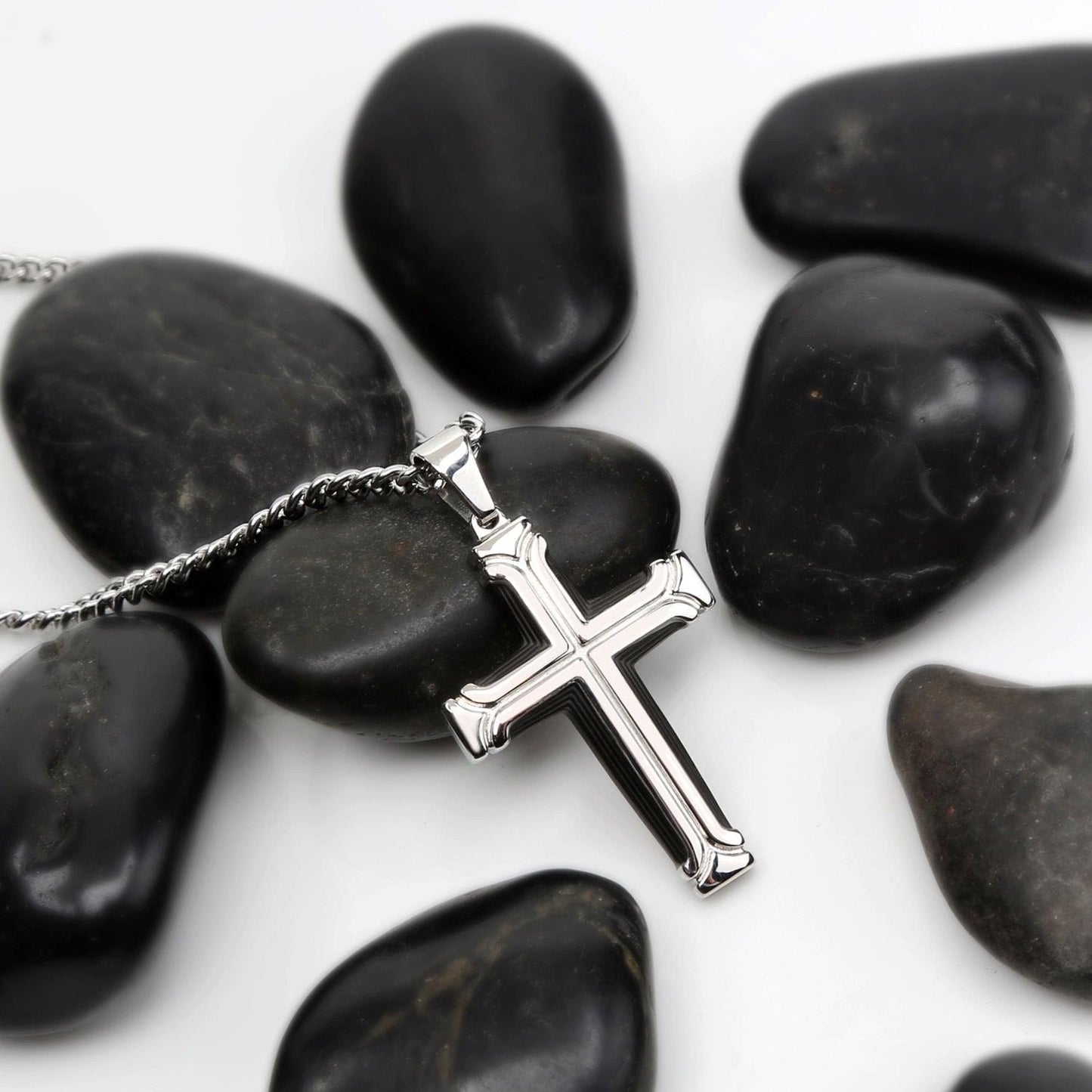 Large Black and Steel Cross Pendant Necklace for Men - namana.london