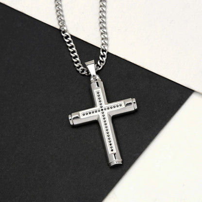 Large Cross Pendant Necklace for Men with Black Stones - namana.london
