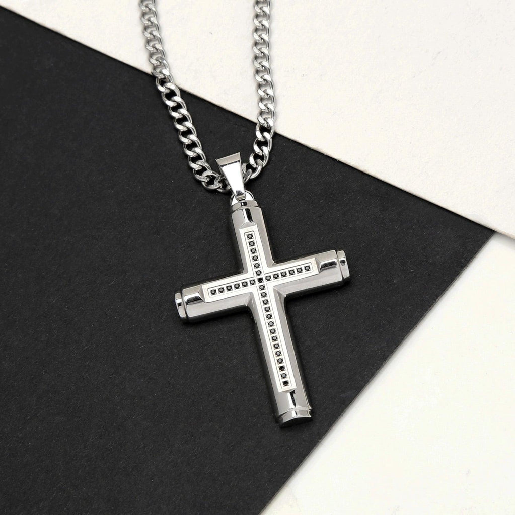 Large Cross Pendant Necklace for Men with Black Stones