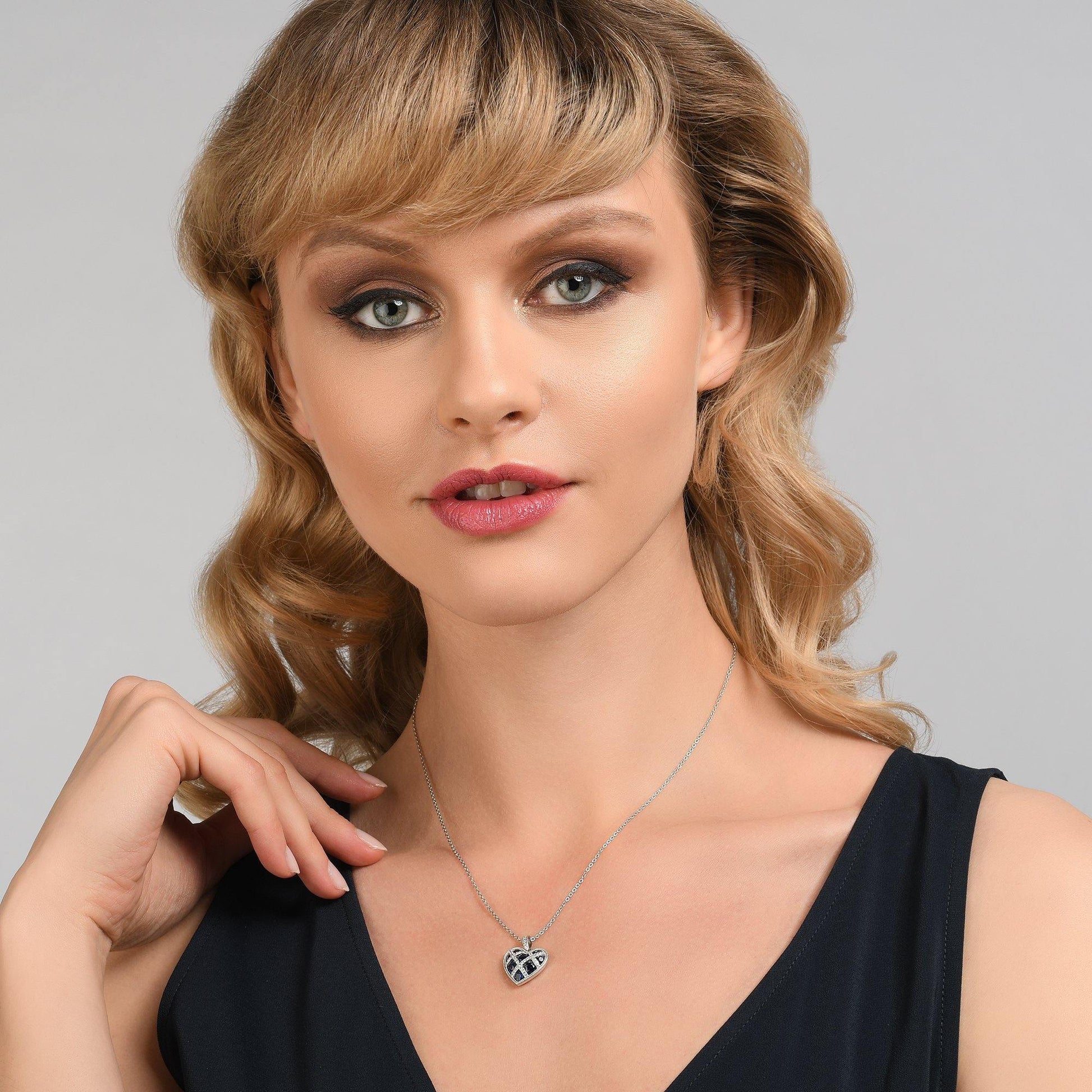 Sterling Silver Lattice Heart Necklace for Women with Blue Stones - namana.london
