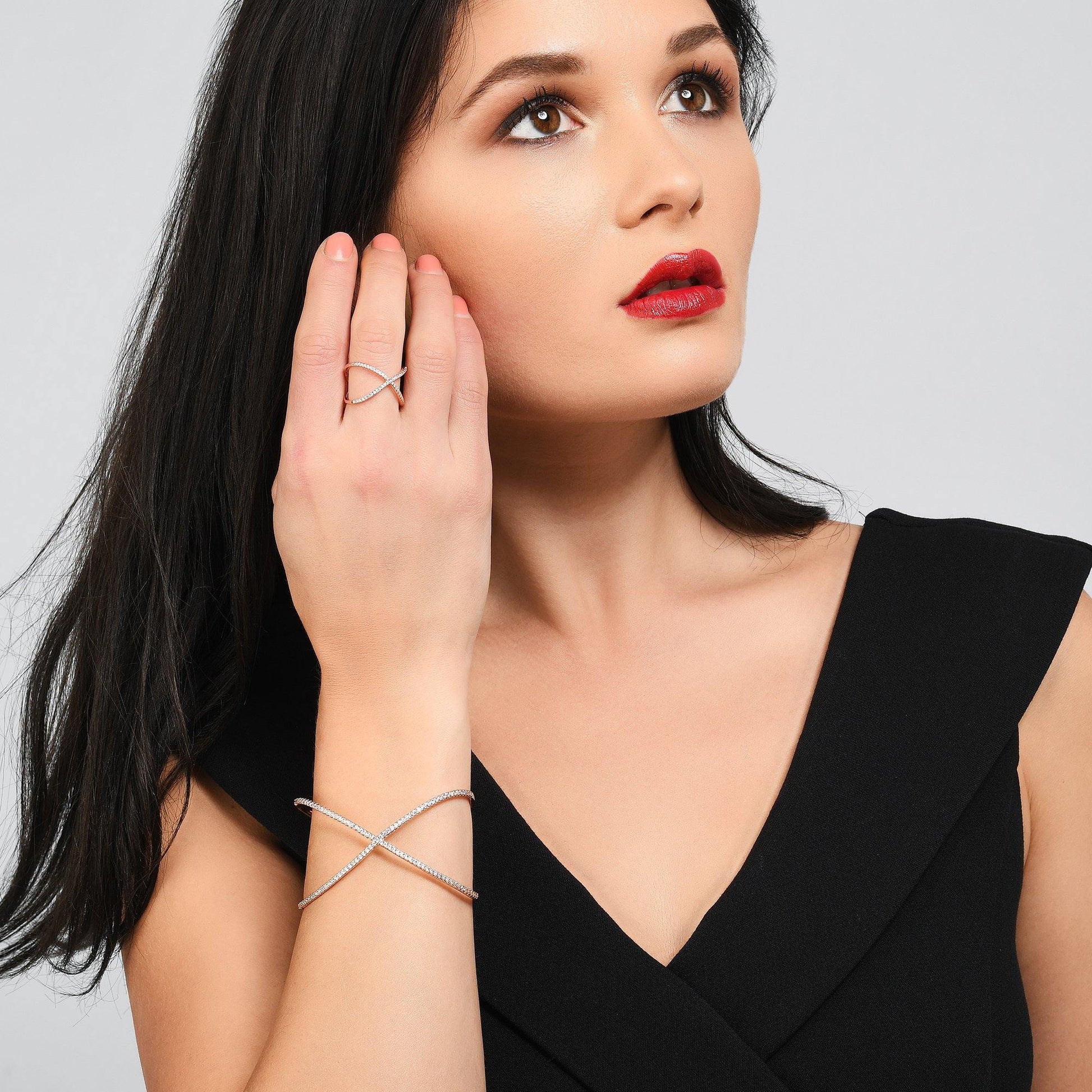 Rose Gold Cross Cuff Bracelet with Cubic Zirconia - namana.london