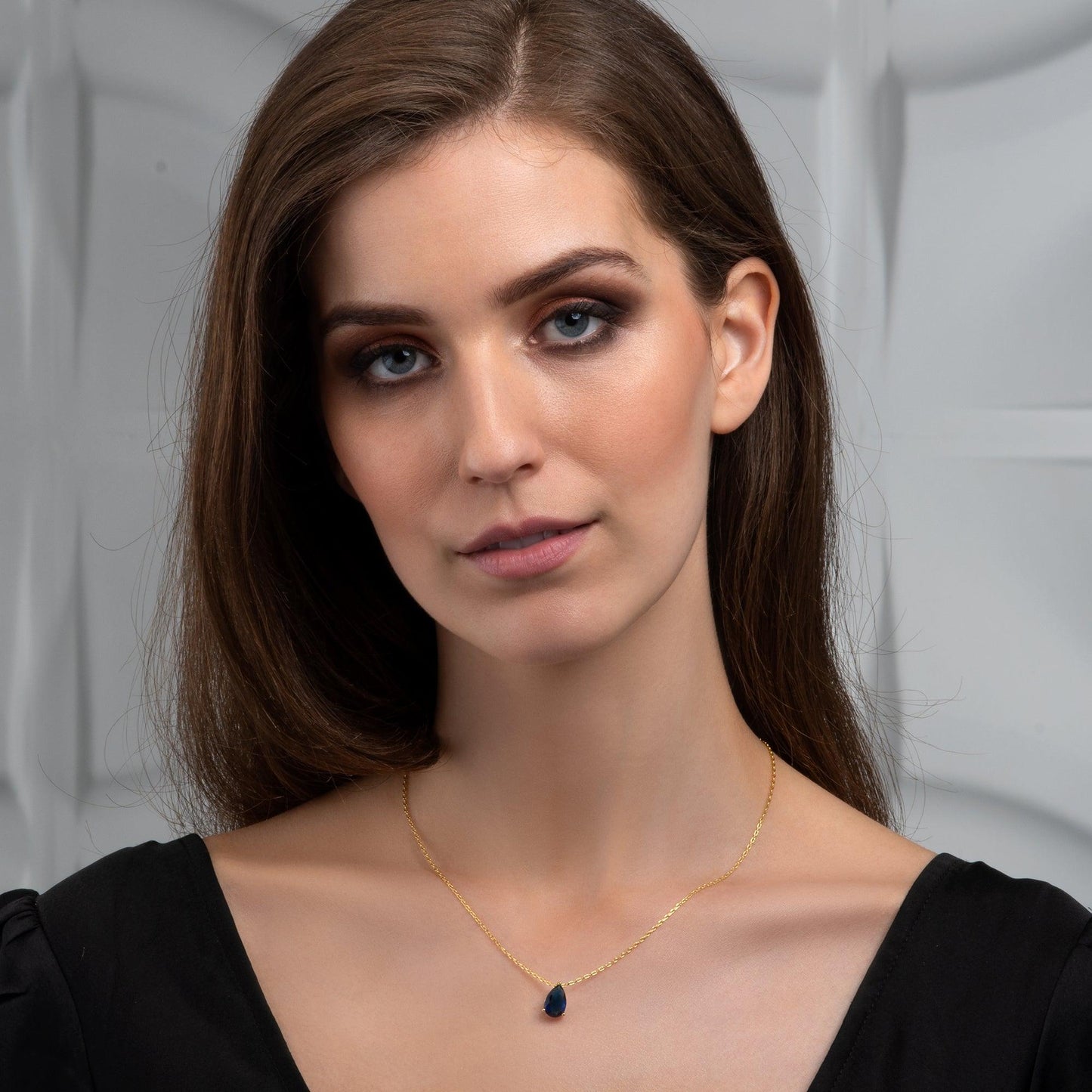 Gold Plated Blue Pear Pendant Necklace for Women. - namana.london