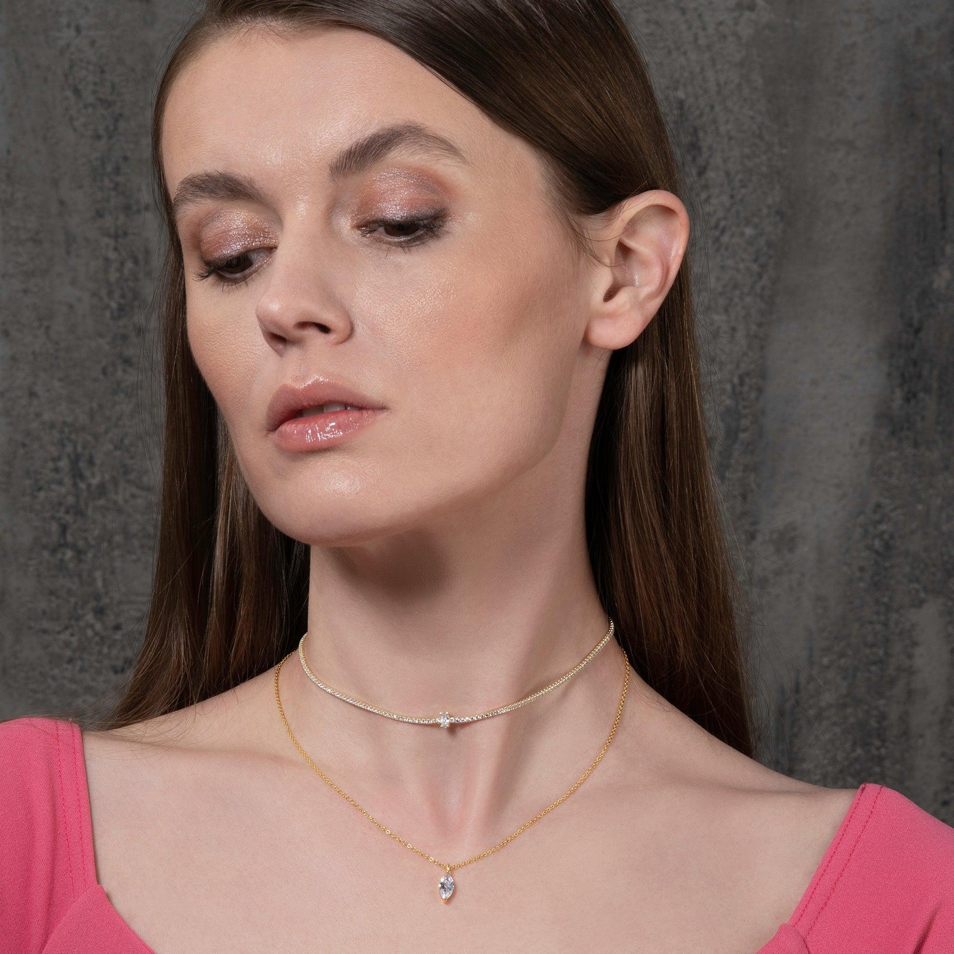 Gold Pendant Necklace for Women with a Marquise Cut Stone - namana.london