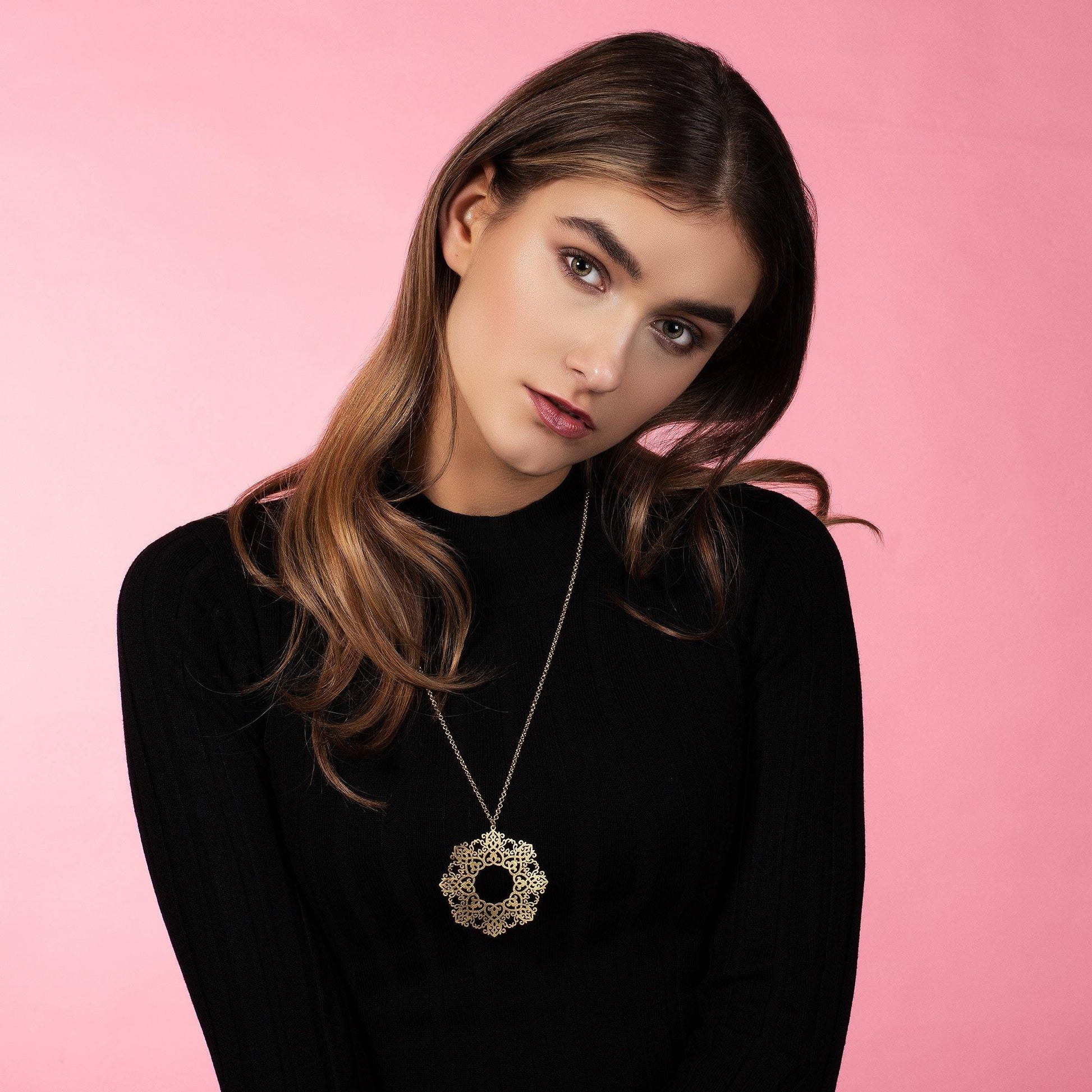 Long Gold Mandala Pendant Necklace with Brushed Finish - namana.london