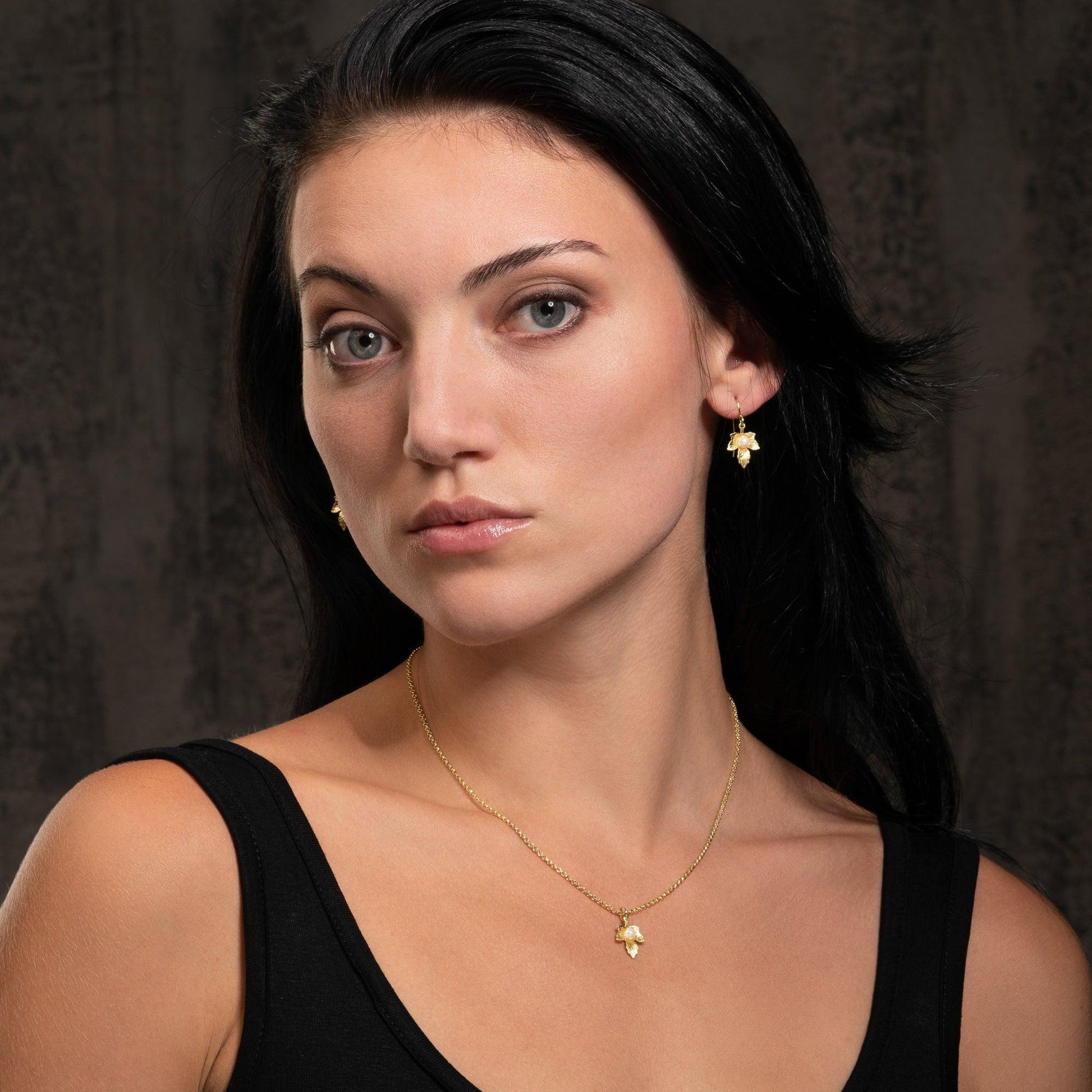 Cute Gold Leaf Pearl Drop Earrings for Women - namana.london