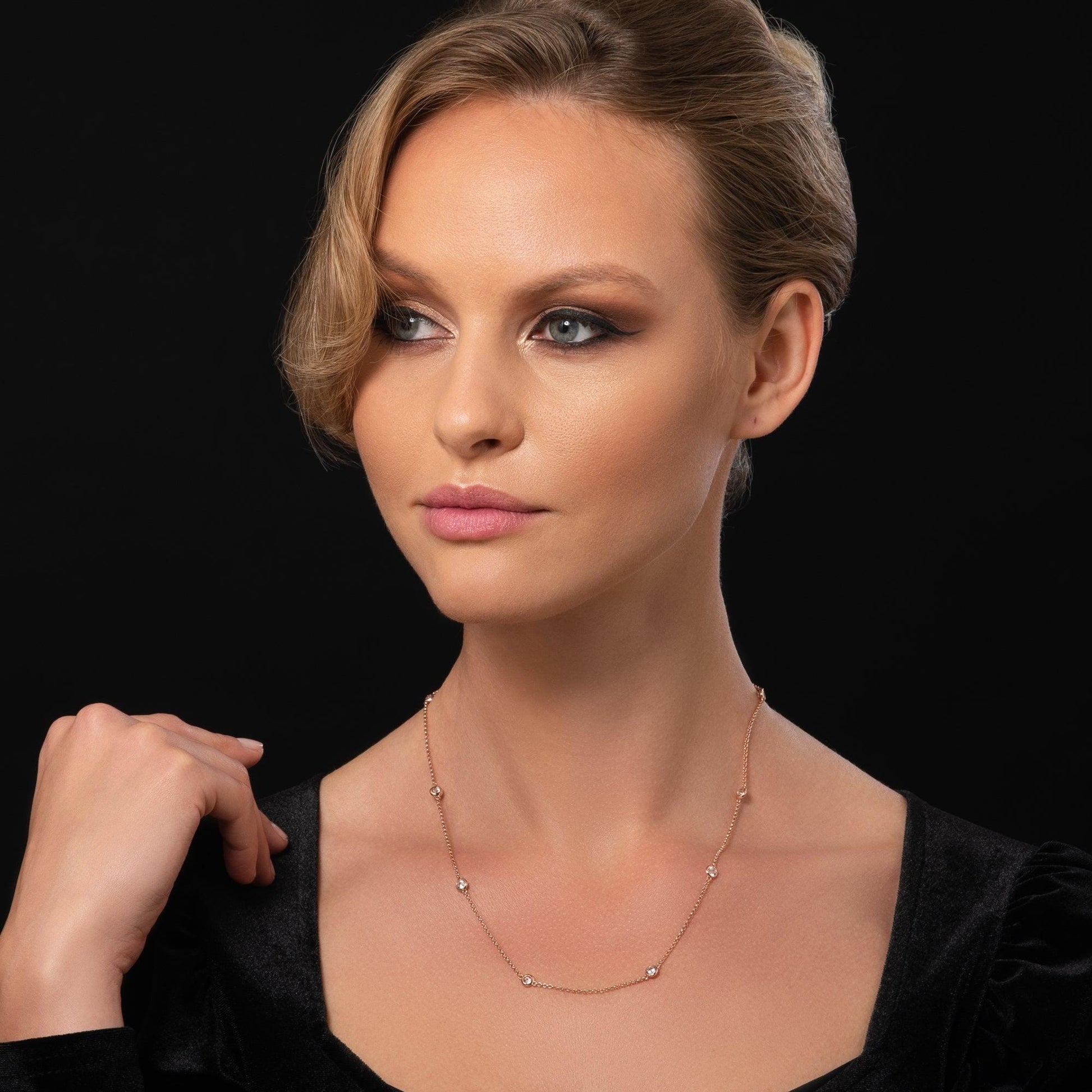 Long Rose Gold Chain Necklace with Stones - namana.london