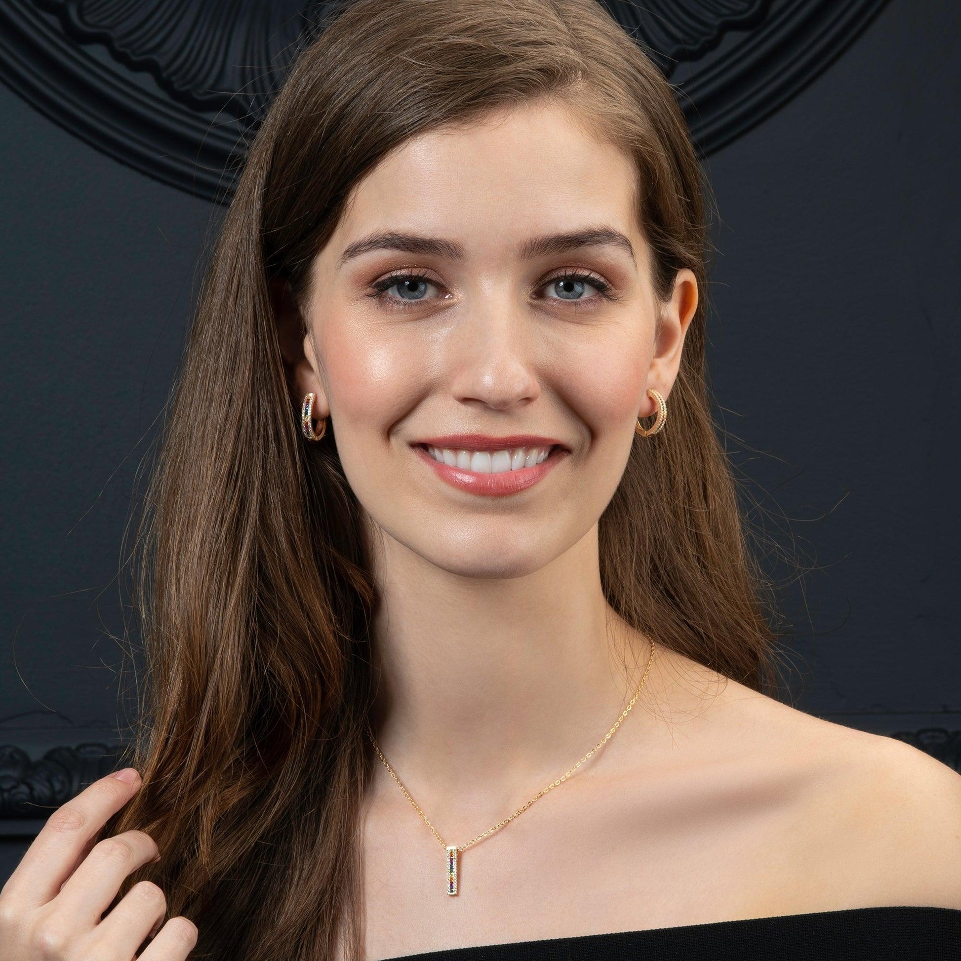 Gold Rainbow Bar Pendant Necklace with Coloured Zirconia Stones - namana.london
