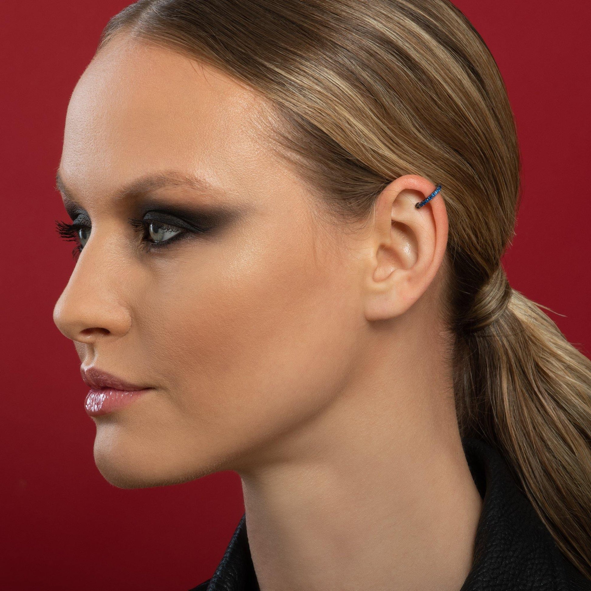 Pair of Black Ear Cuff Earrings with Blue Cubic Zirconia Stones - namana.london