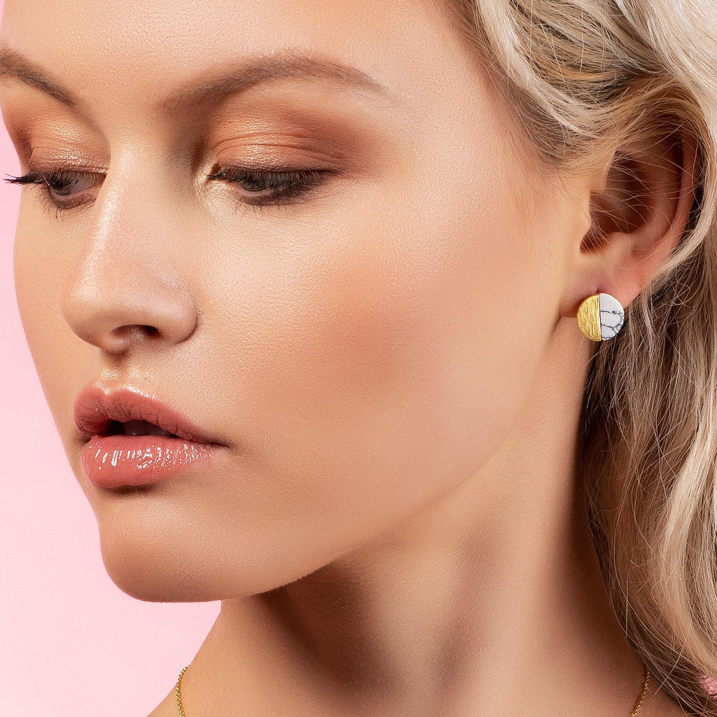 Gold Disc Stud Earrings with Created White Agates