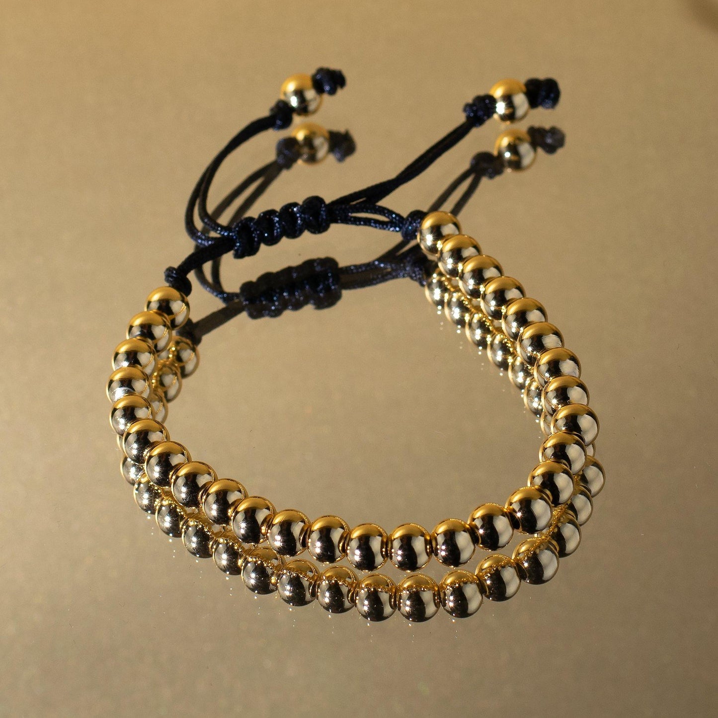 Gold Bracelet for Kids with Metal Beads on Adjustable Black Cord - namana.london