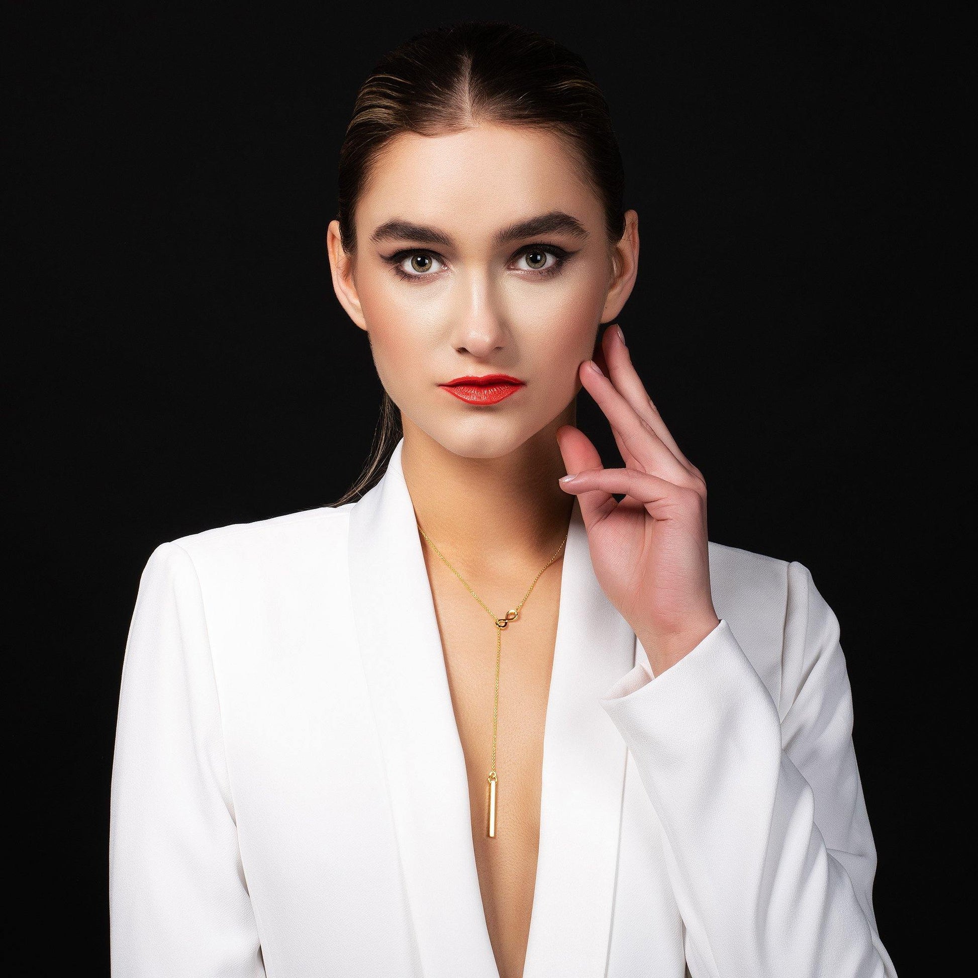 Gold Infinity Y Necklace. Gold Lariat Necklace with a Vertical Bar - namana.london