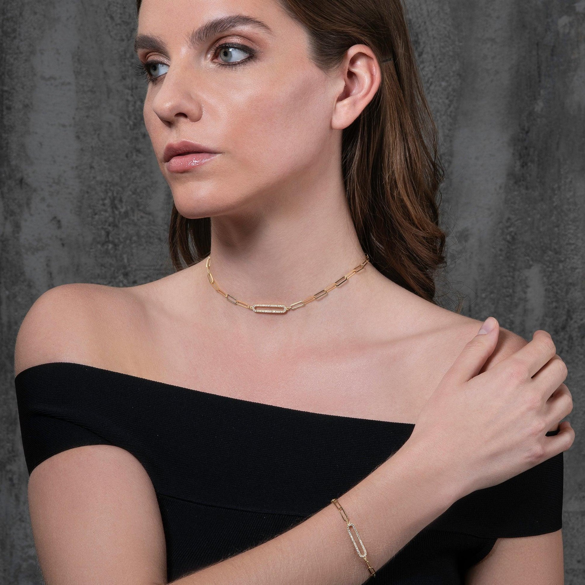 Gold Plated Link Chain Choker Necklace for Women with Cubic Zirconia Stones - namana.london