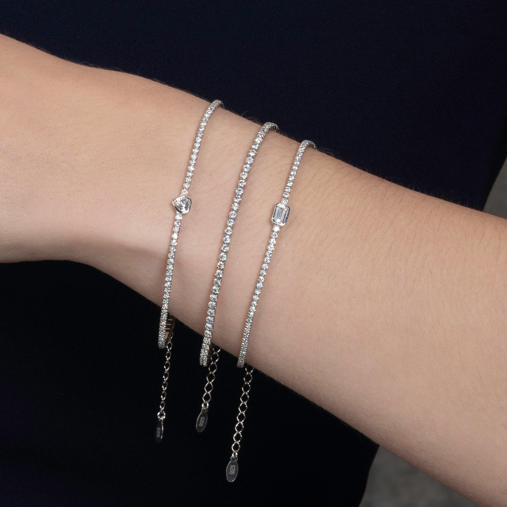 925 Sterling Silver Skinny Tennis Bracelet with a Heart Shaped Stone - namana.london