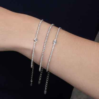925 Sterling Silver Skinny Tennis Bracelet with a Heart Shaped Stone - namana.london