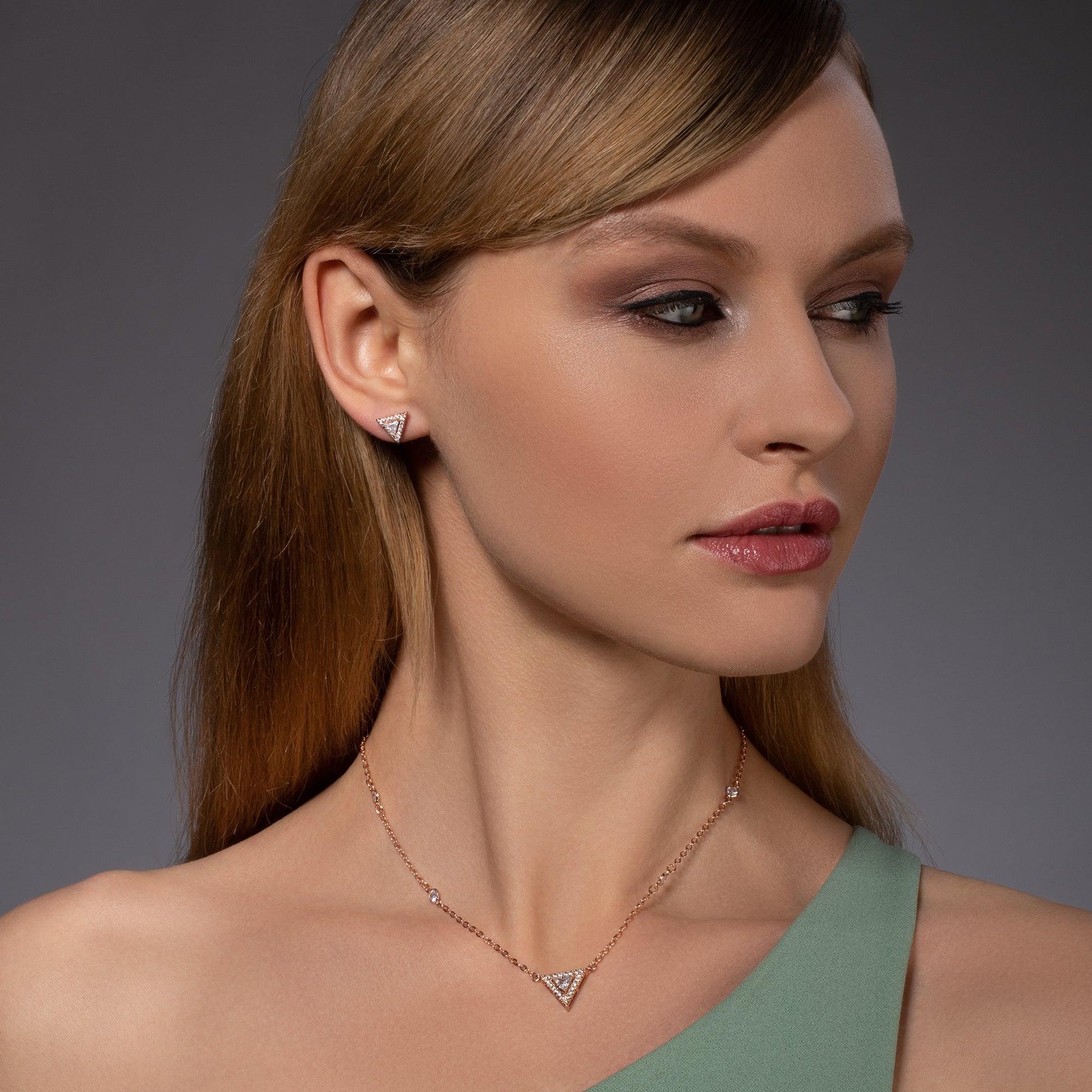 Rose Gold Trillion Pendant Necklace with Cubic Zirconia - namana.london