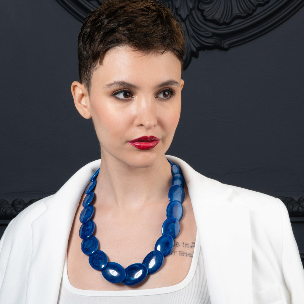 Long Blue Chunky Statement Necklace for Women