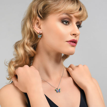 Sterling Silver Butterfly Earrings for Women with Green Enamel Details and Cubic Zirconia Gemstones - namana.london