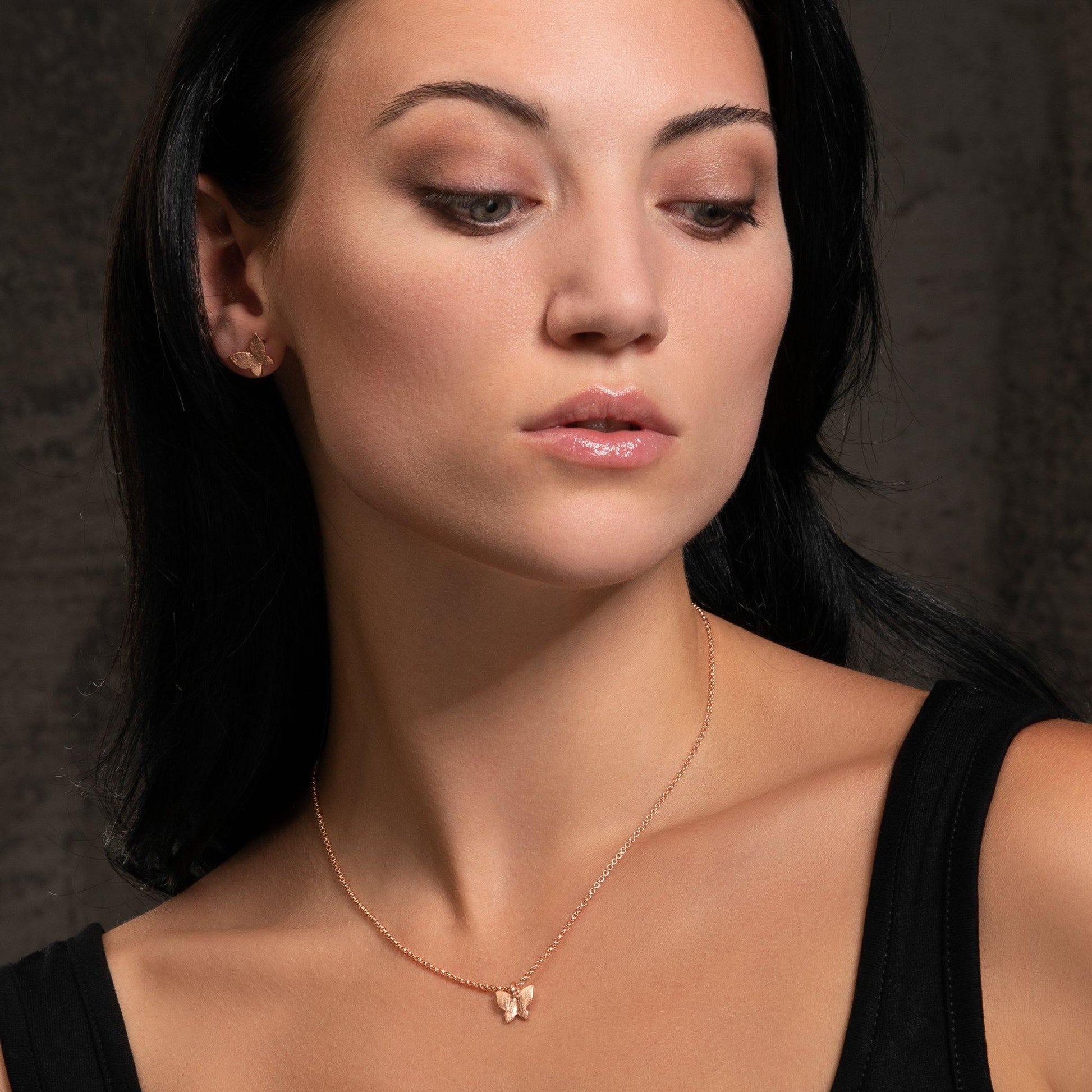 Rose Gold Butterfly Stud Earrings with Brushed Finish - namana.london