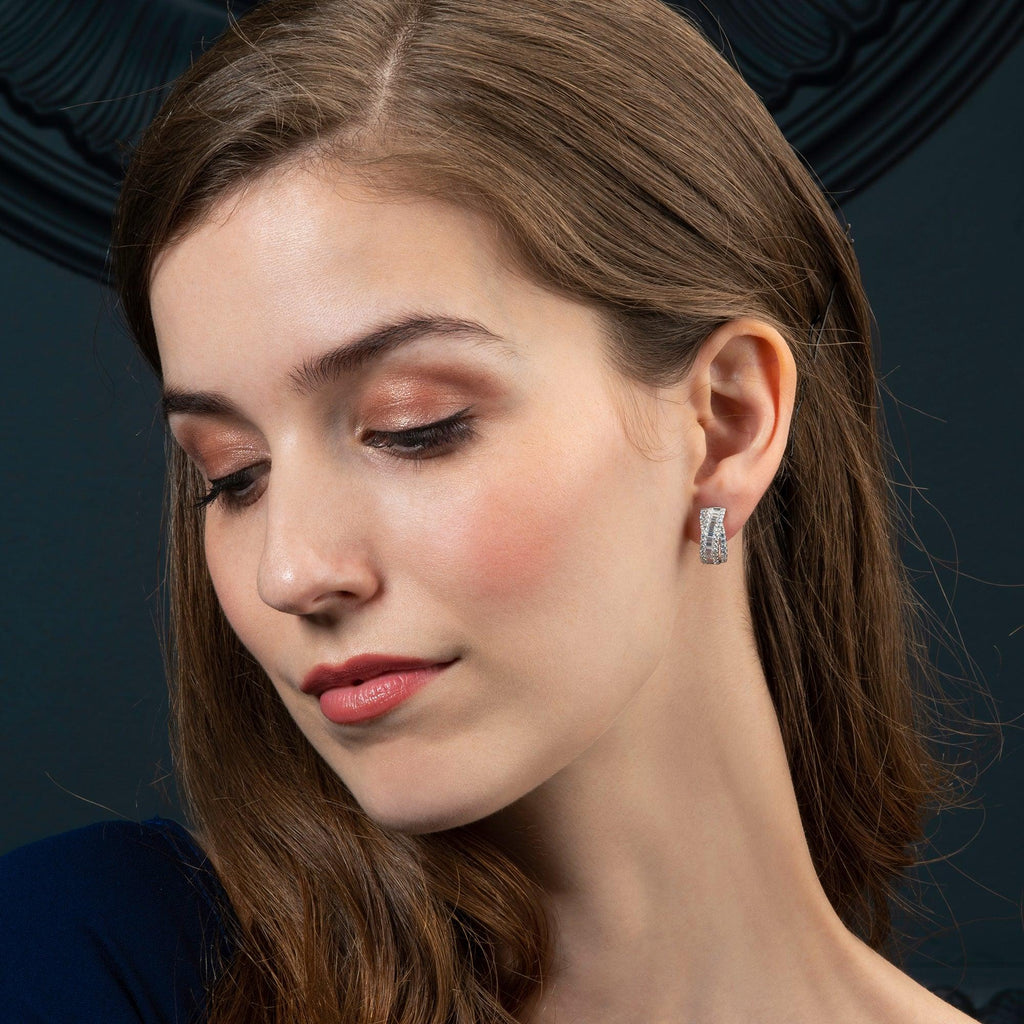 Sterling Silver Large Hoop Earrings for Women with Baguette Stones