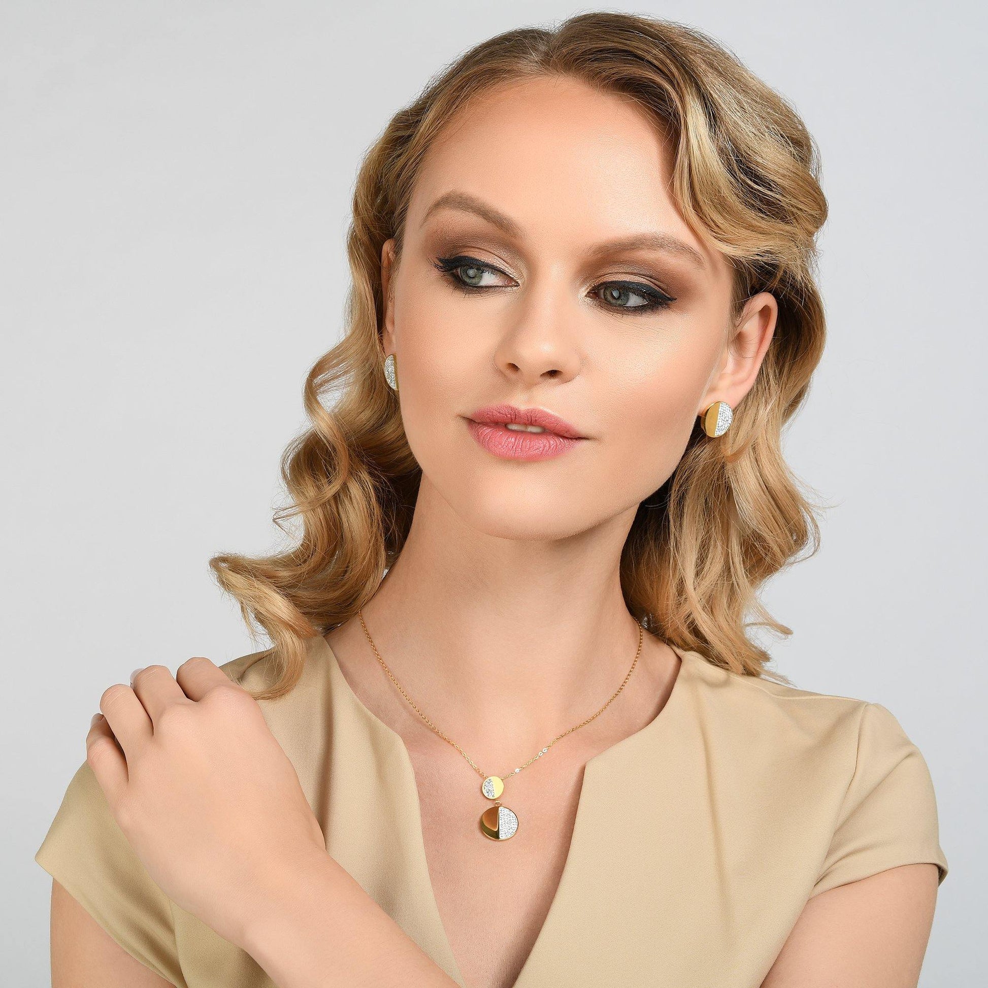 Gold Disc Stud Earrings with Swarovski Crystals - namana.london