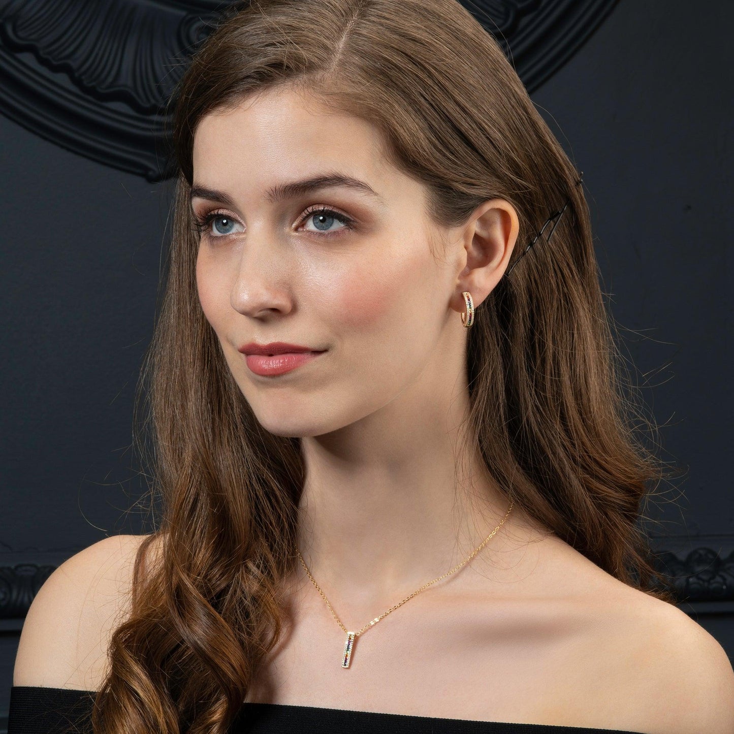 Gold Rainbow Bar Pendant Necklace with Coloured Zirconia Stones - namana.london