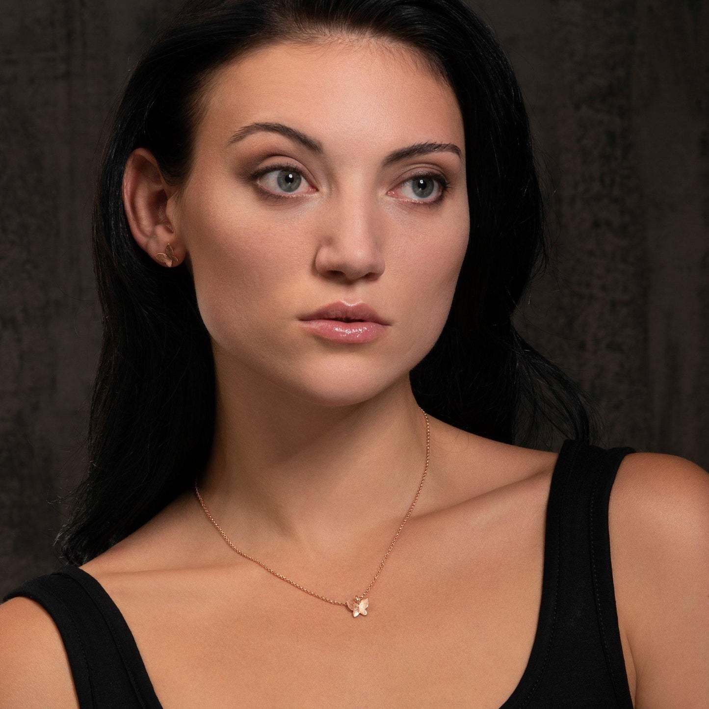 Rose Gold Butterfly Stud Earrings with Brushed Finish - namana.london