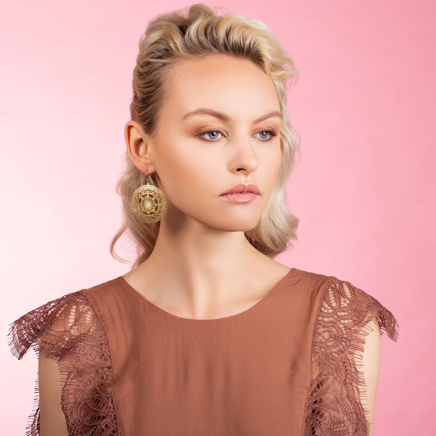 Large Gold Mandala Earrings with Mother of Pearl - namana.london