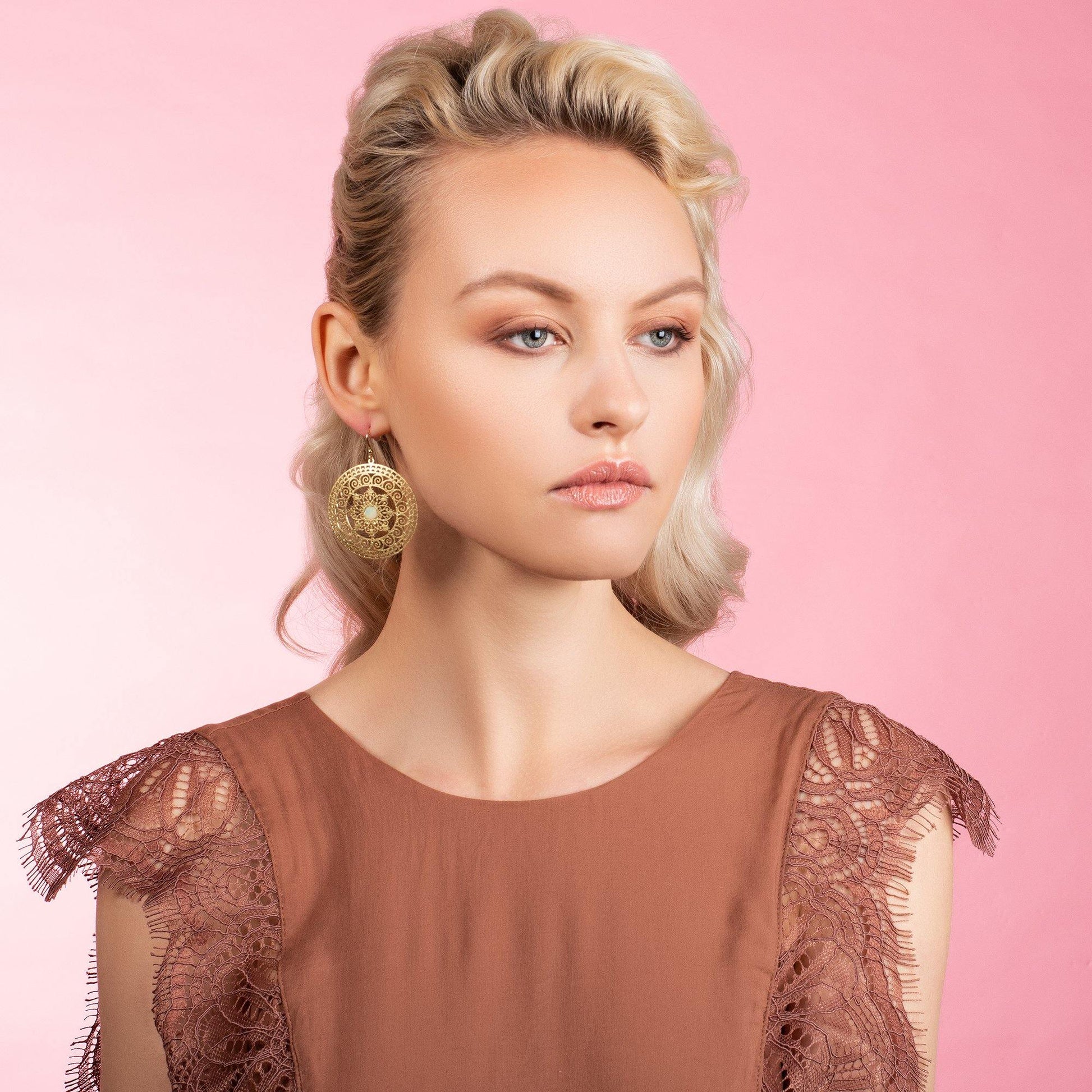 Large Gold Mandala Earrings with Mother of Pearl - namana.london